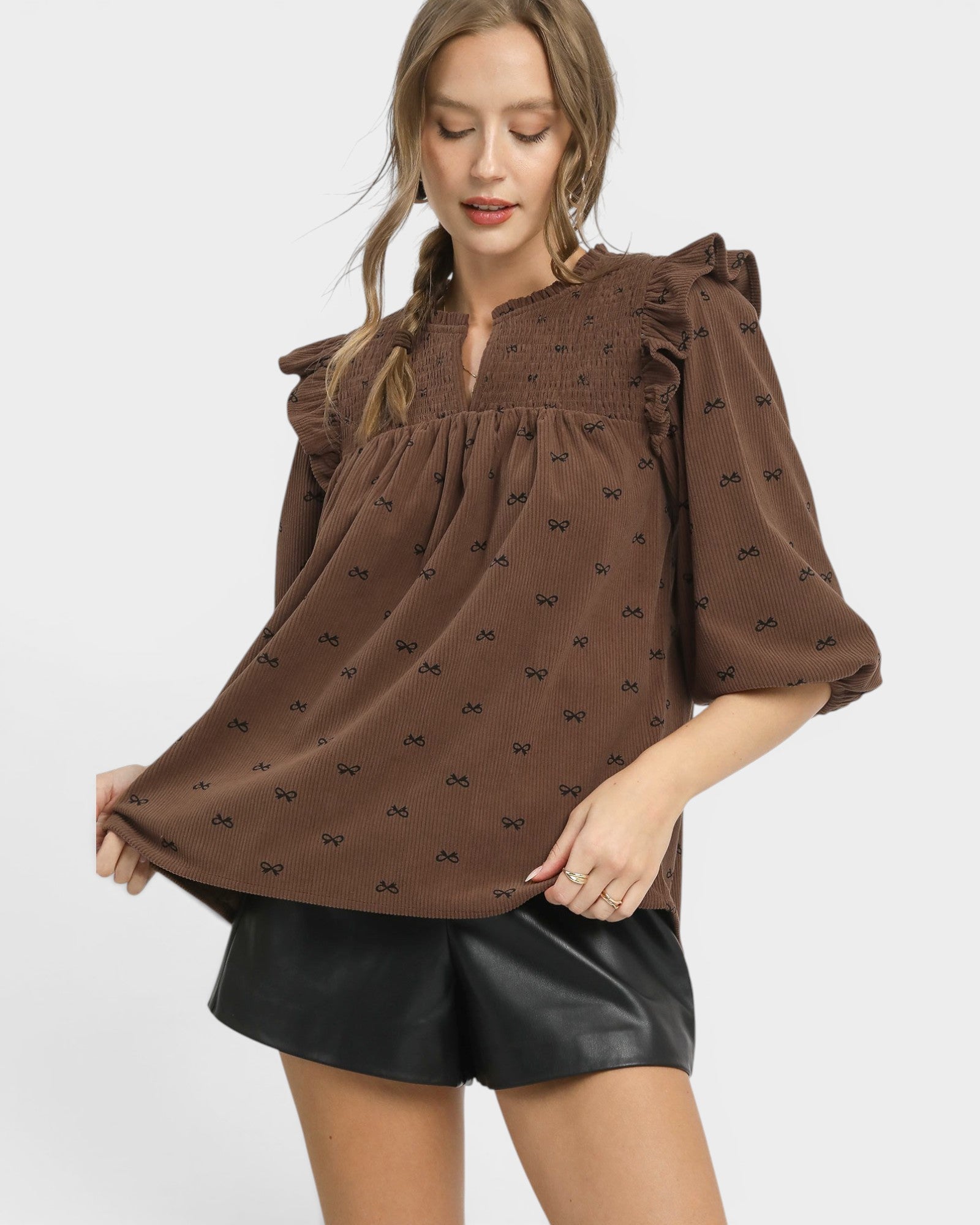 Brown Corduroy Bow Print Blouse