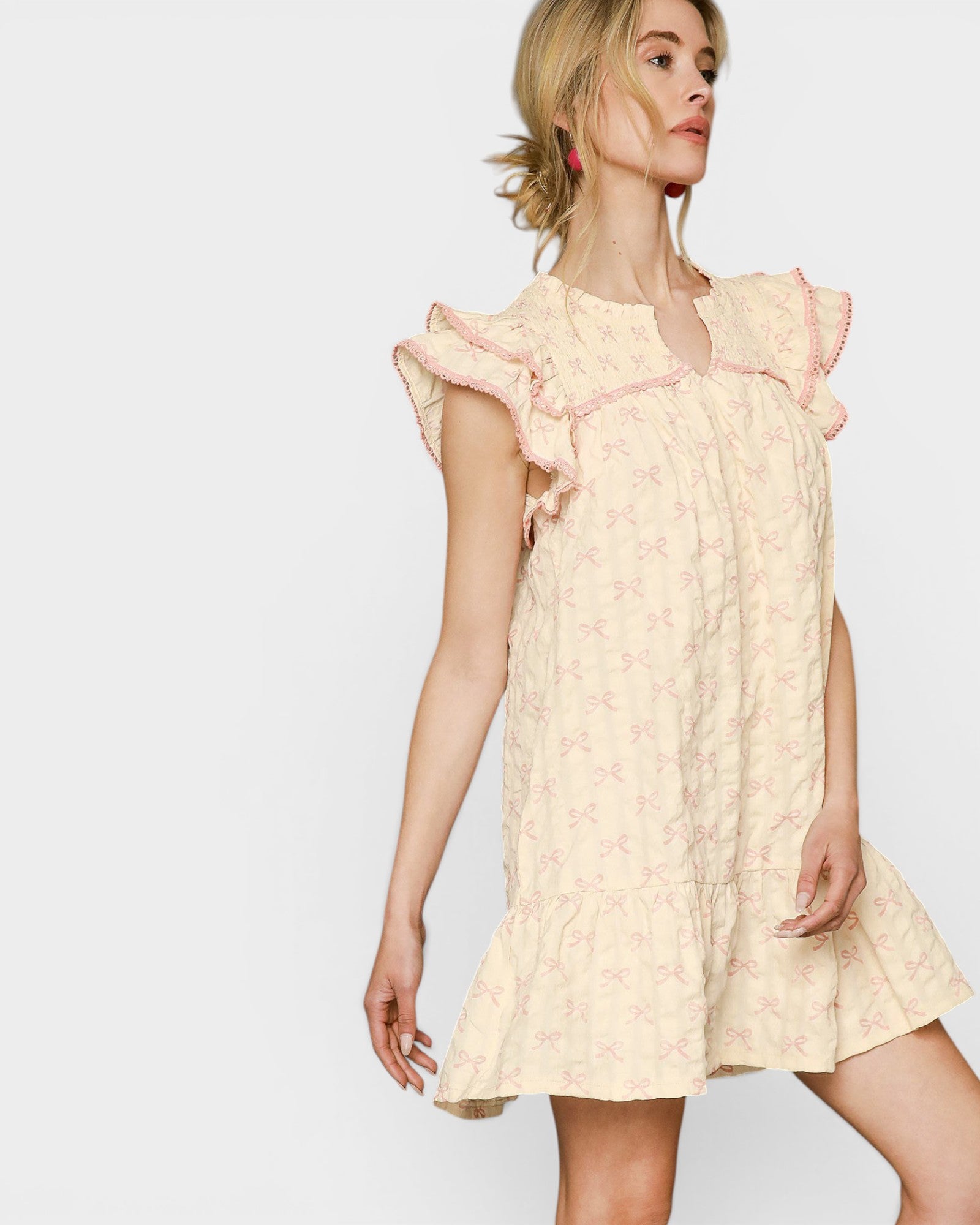 Cream & Blush Bow Print Mini Dress