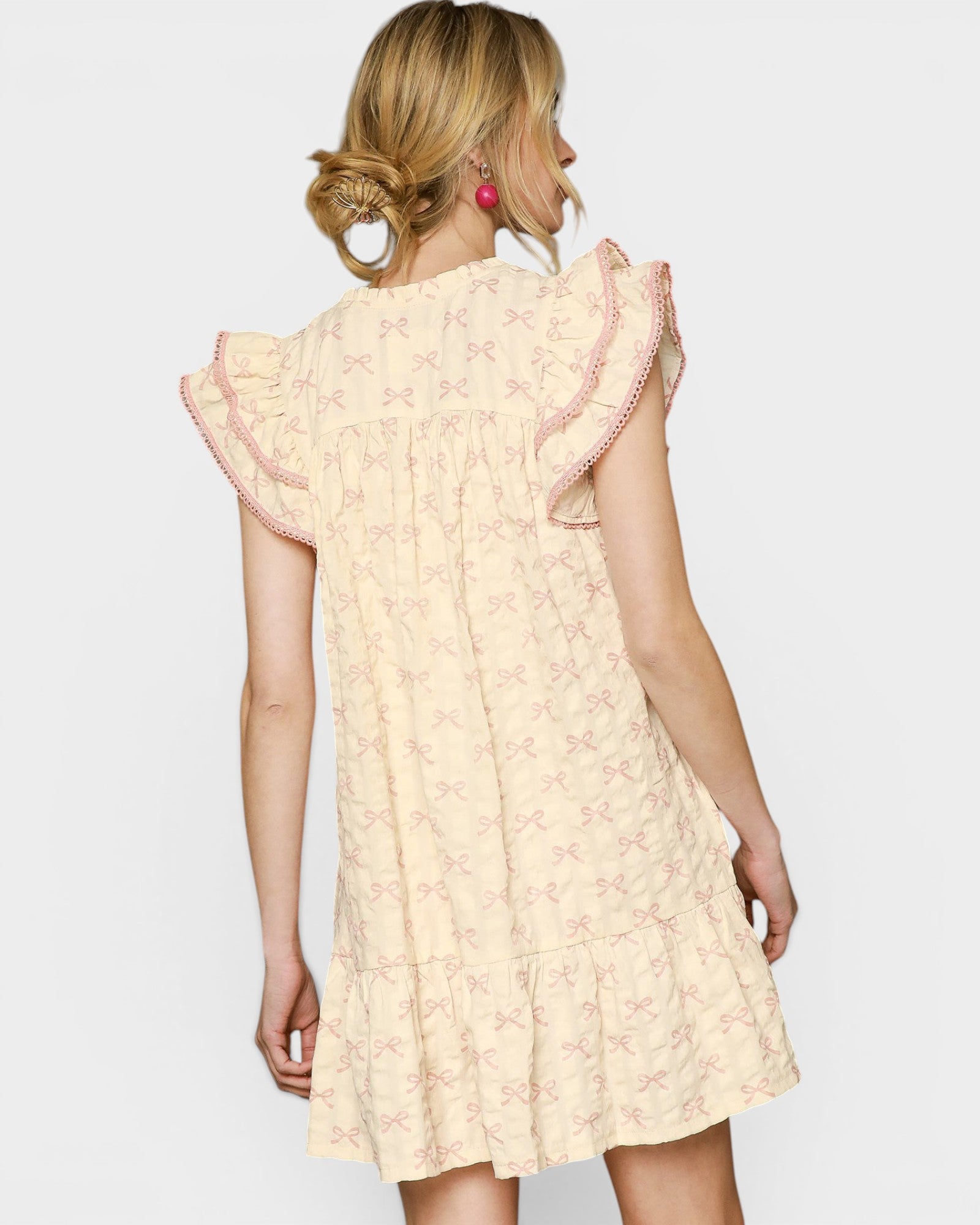 Cream & Blush Bow Print Mini Dress