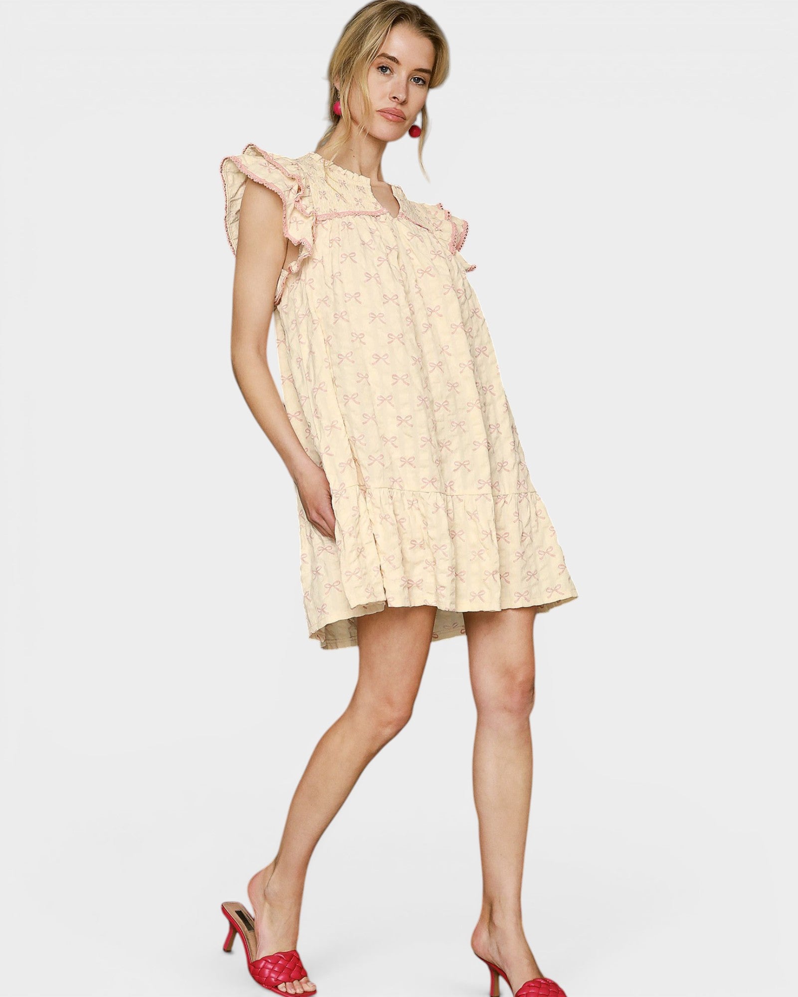 Cream & Blush Bow Print Mini Dress