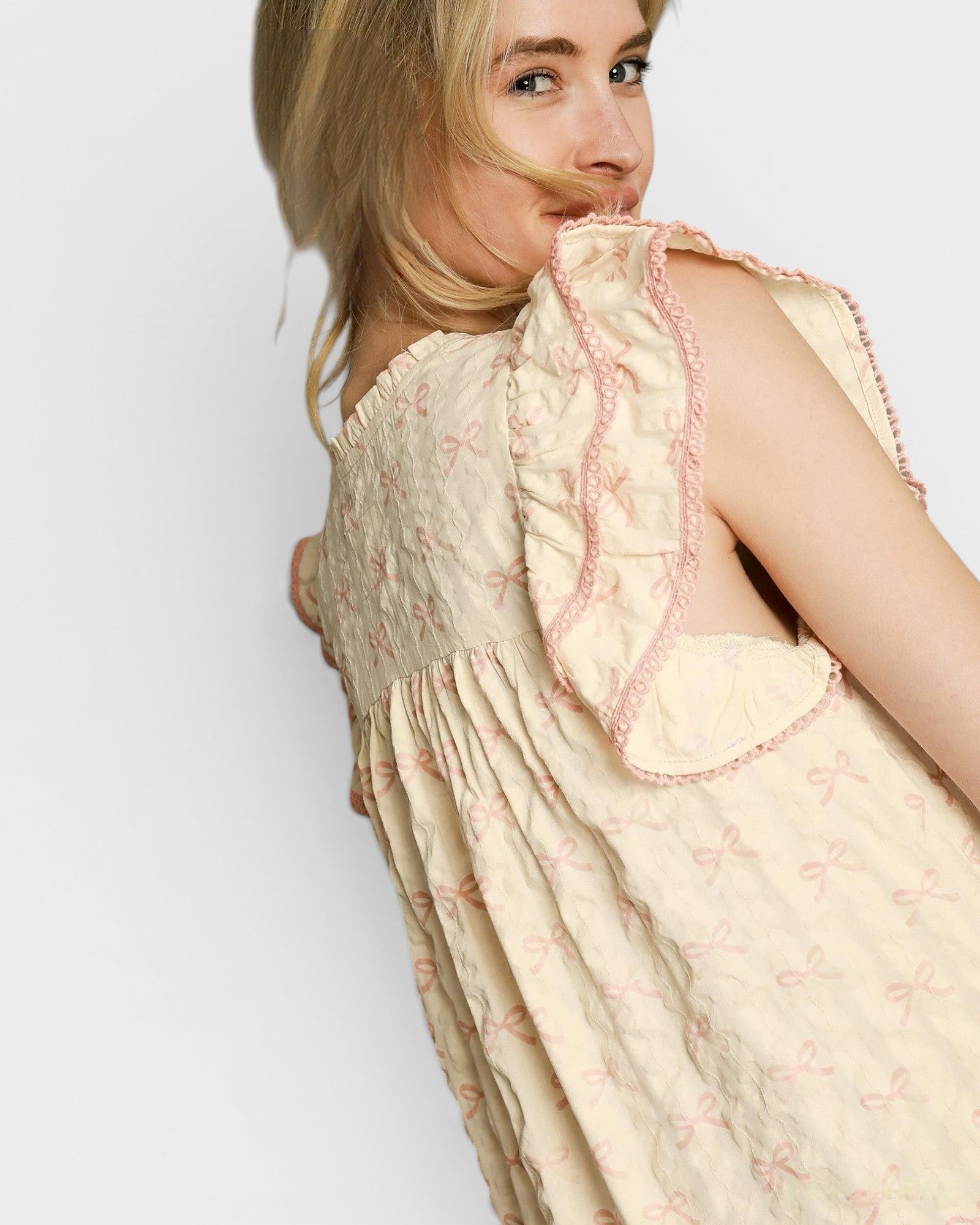 Cream & Blush Bow Print Mini Dress