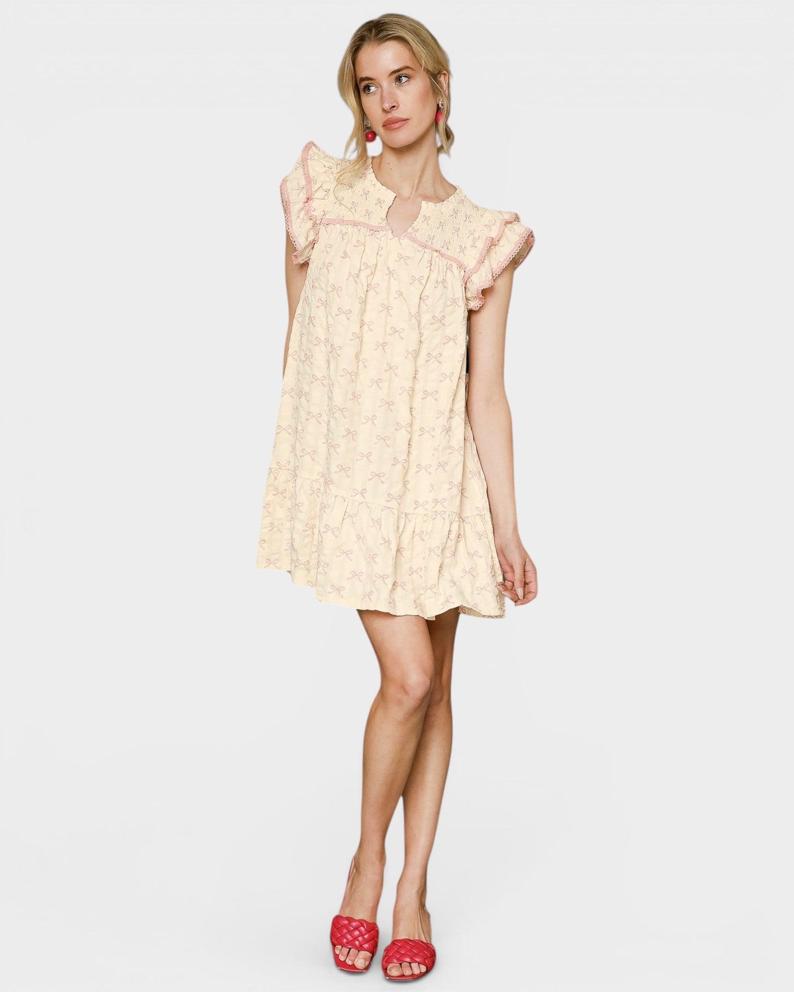 Cream & Blush Bow Print Mini Dress