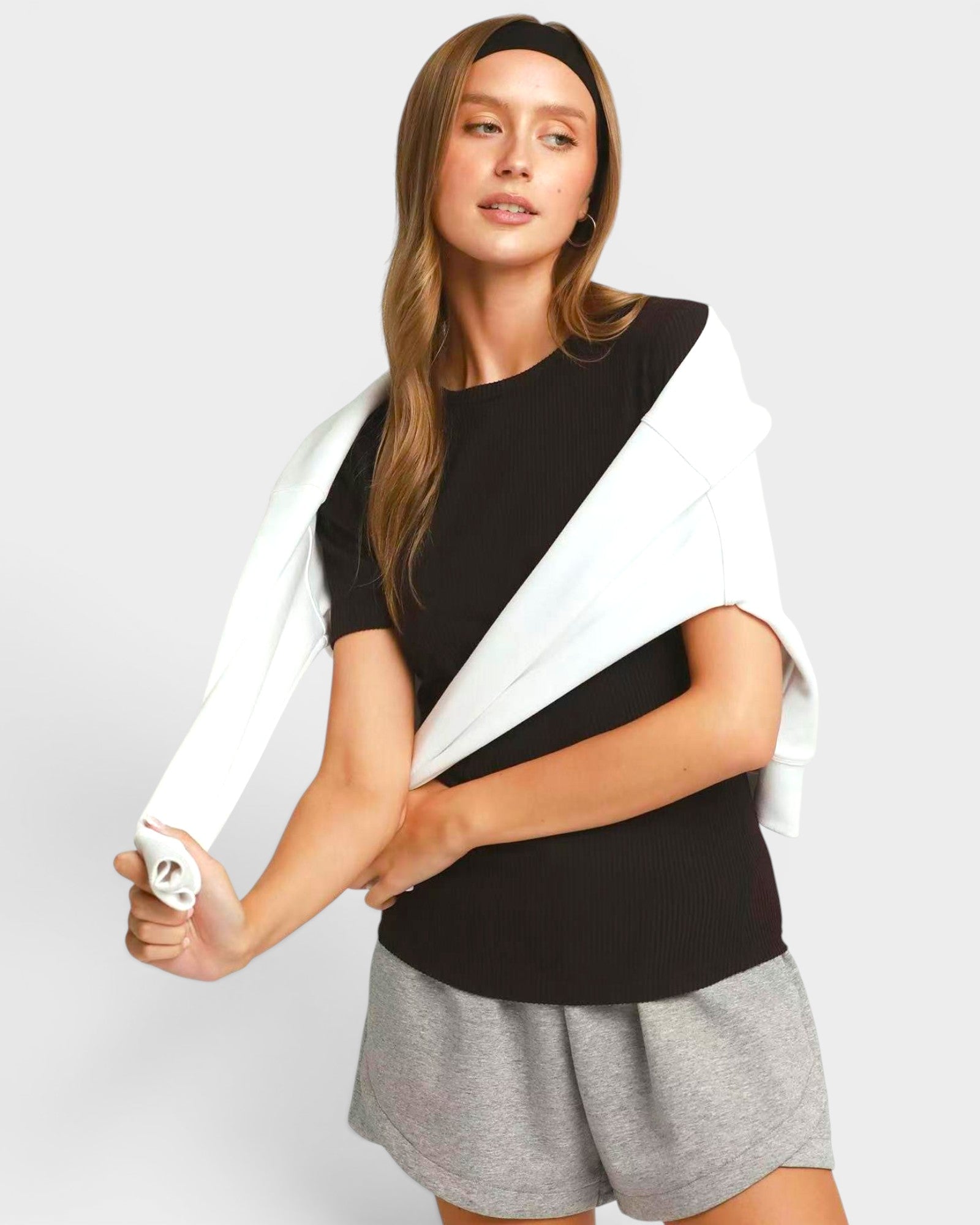 Black Ribbed Short Sleeve Top