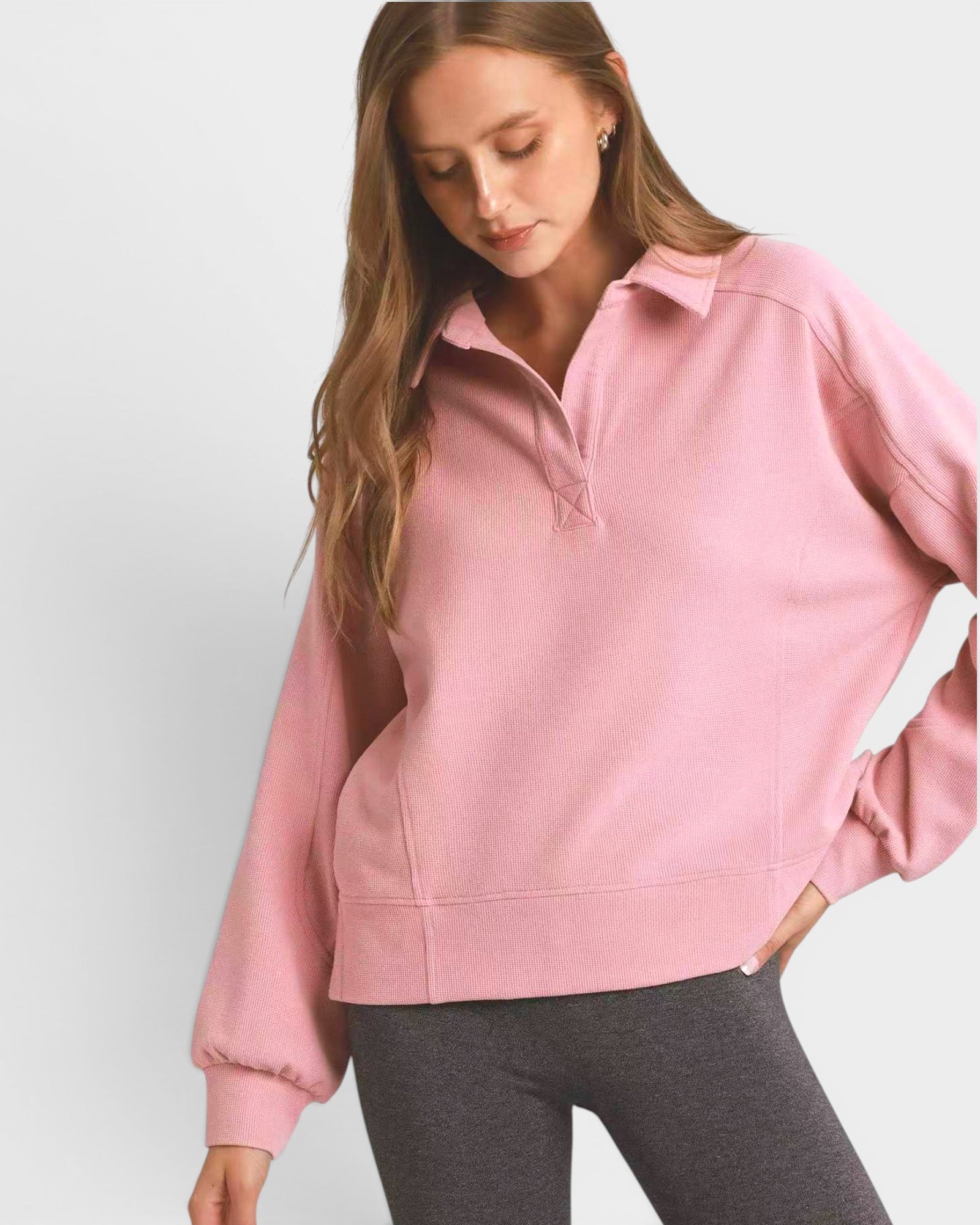 Pink Textured Collared Pullover Top