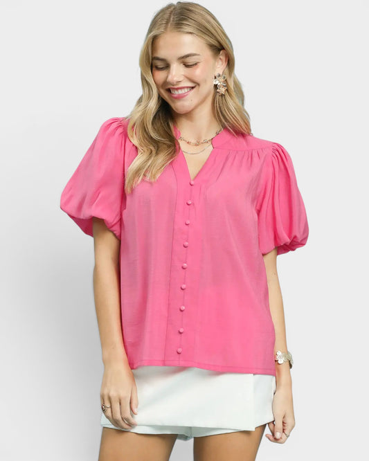 Rose Pink Puff Sleeve Button Blouse