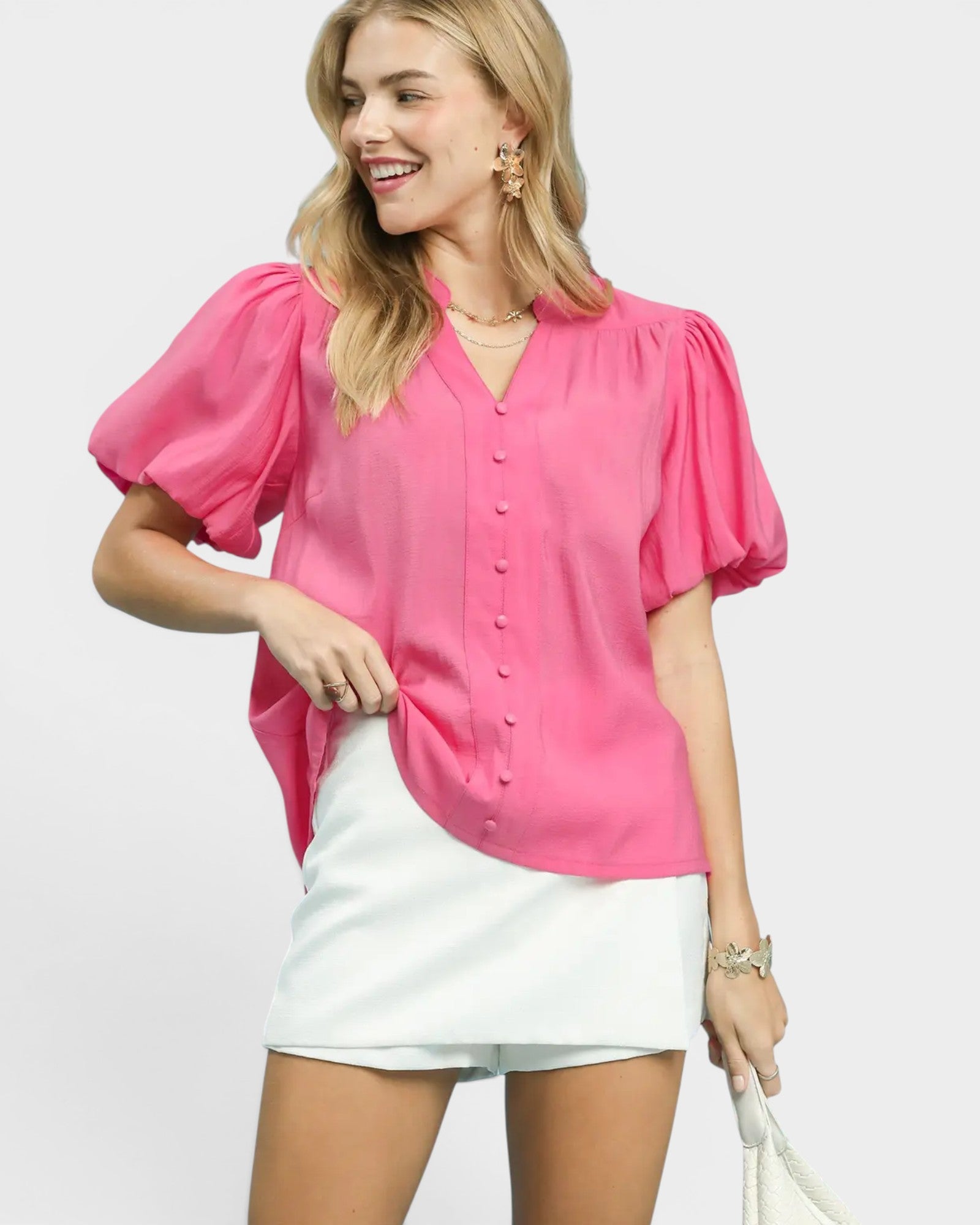 Rose Pink Puff Sleeve Button Blouse