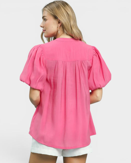 Rose Pink Puff Sleeve Button Blouse