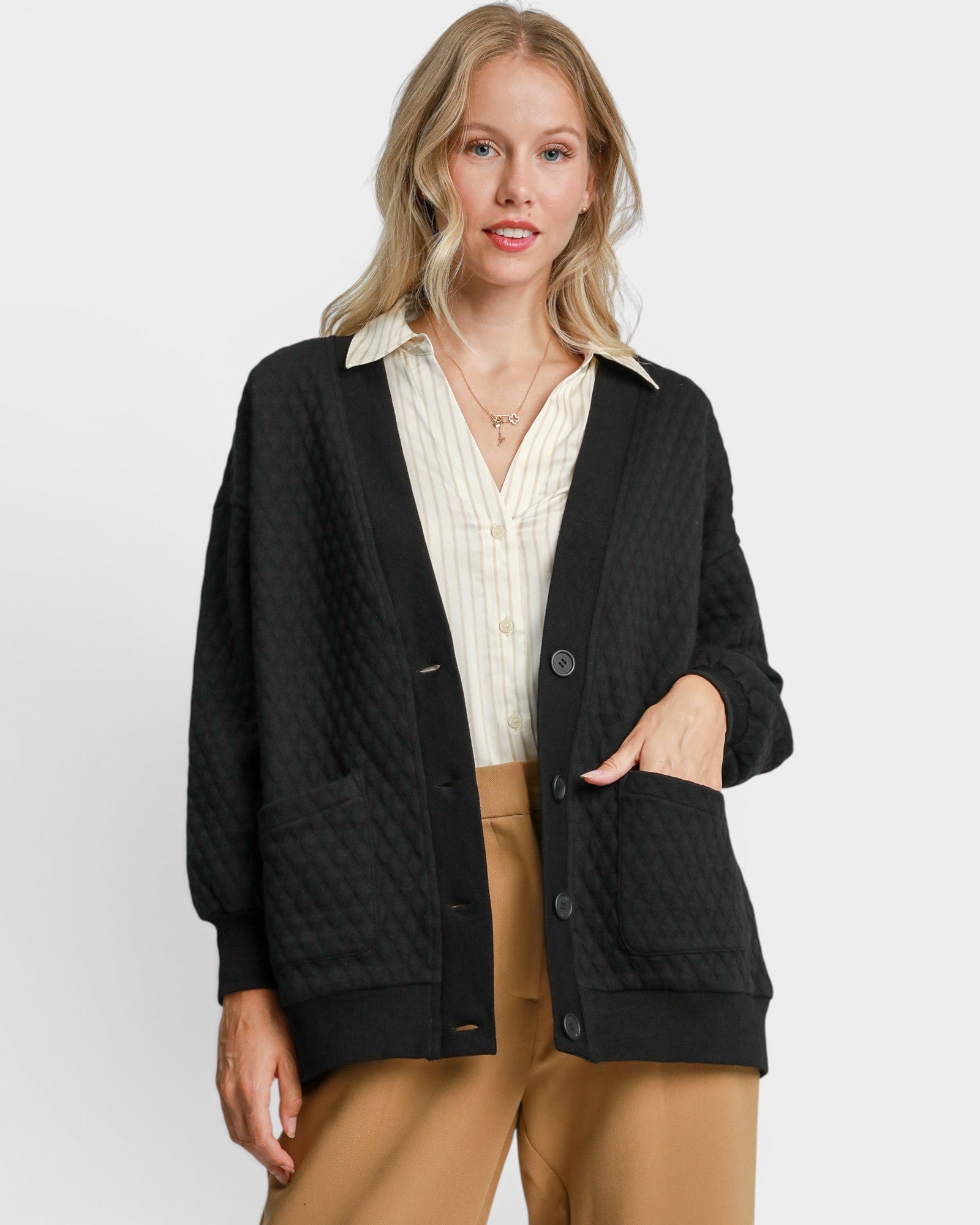 Black Quilted Button Front Cardigan