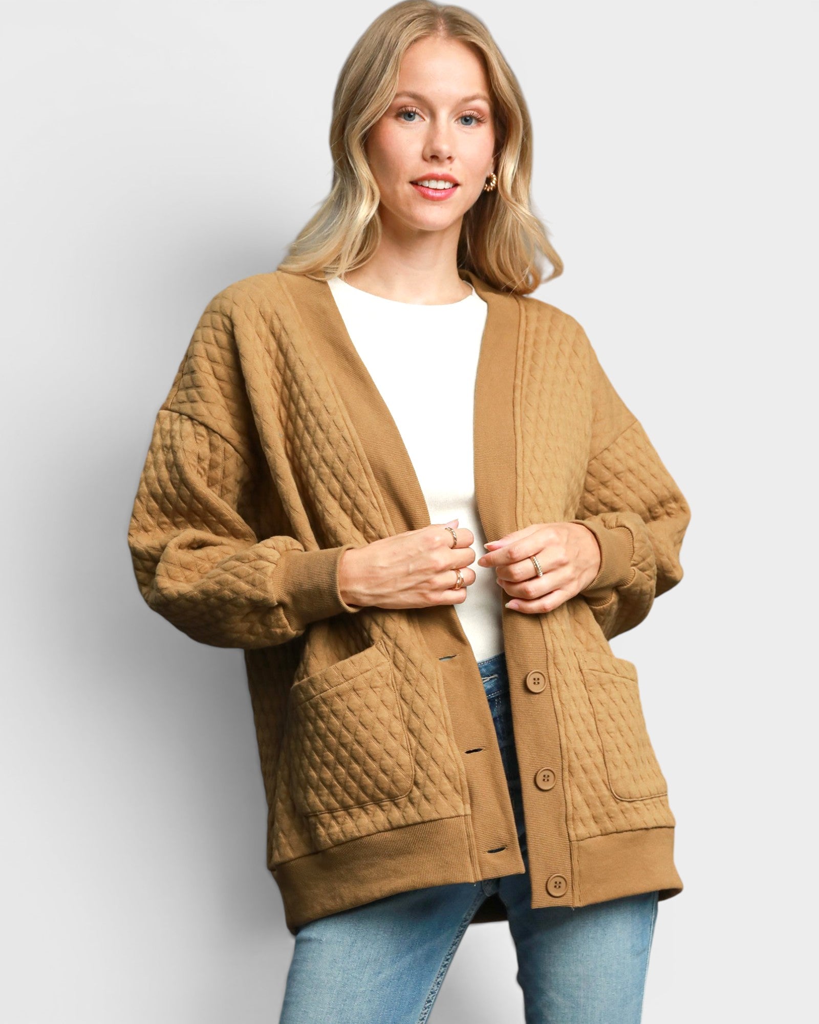 Camel Quilted Button Front Cardigan