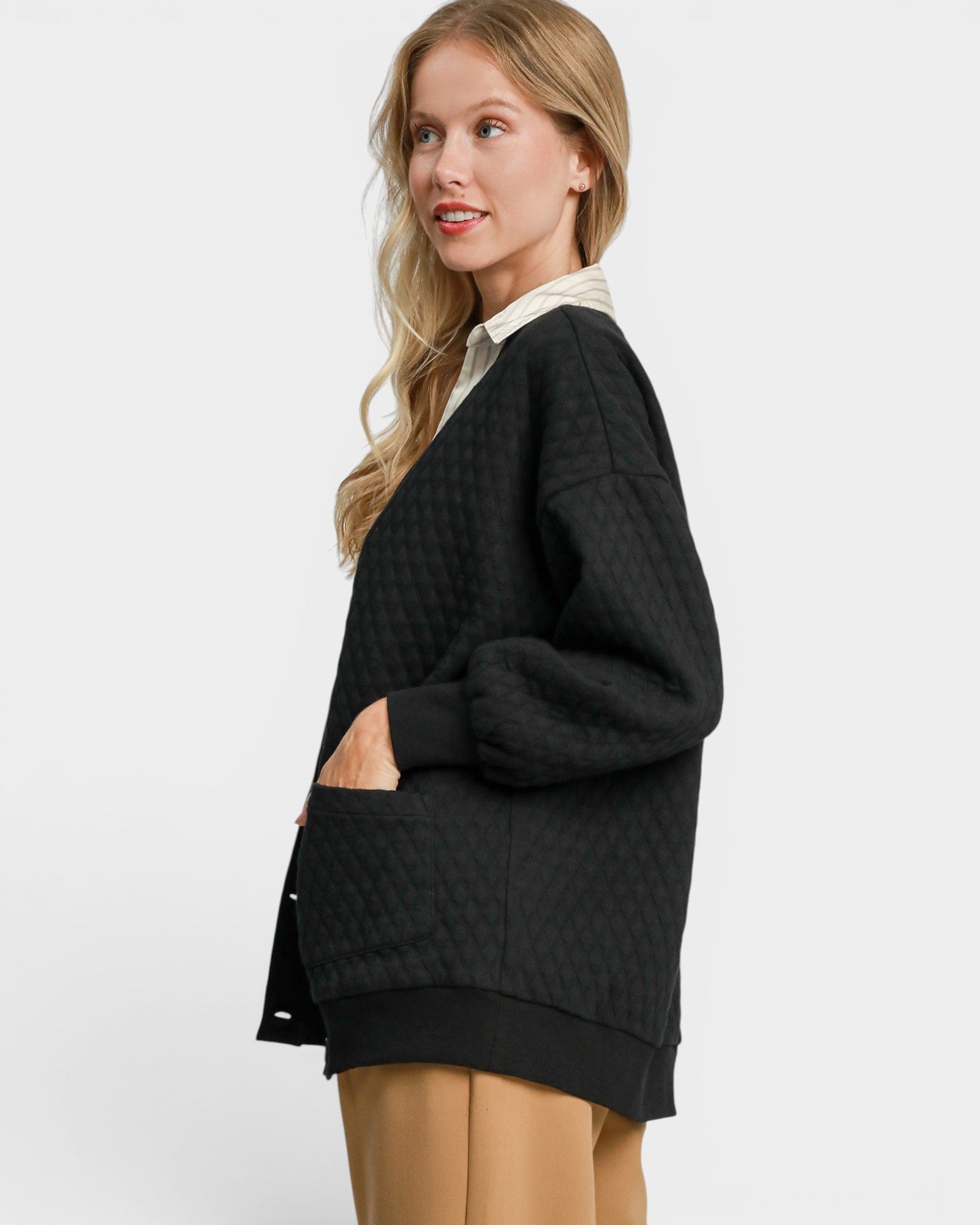 Black Quilted Button Front Cardigan