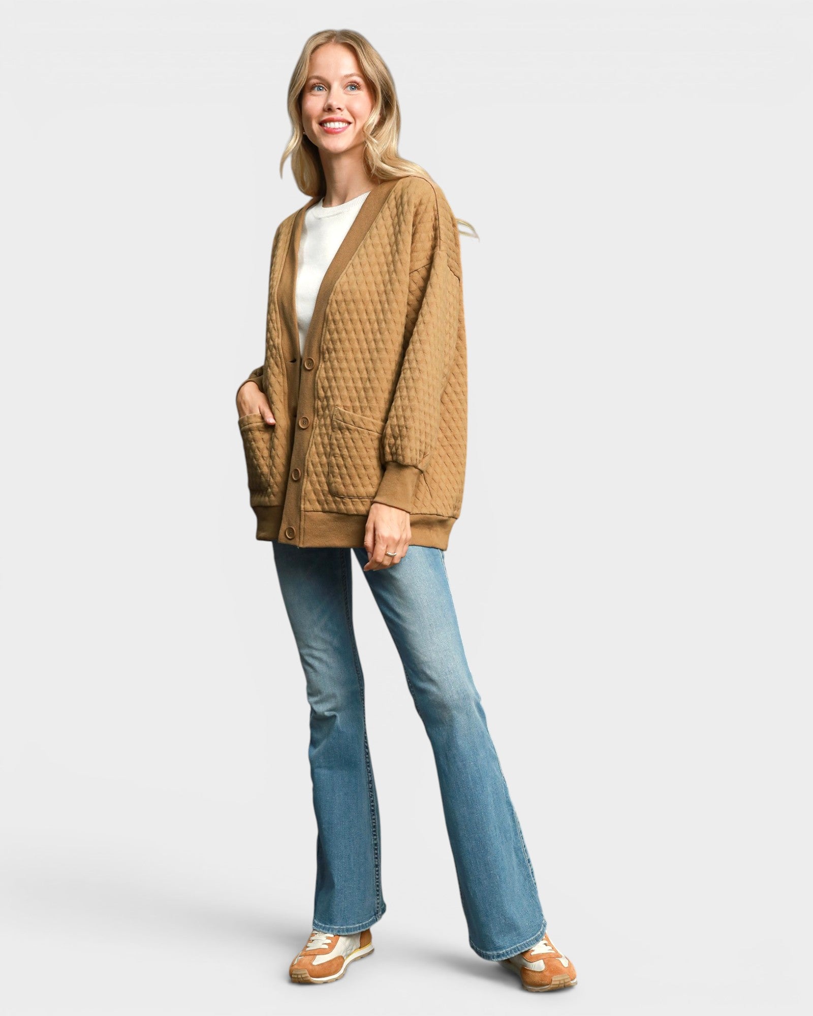 Camel Quilted Button Front Cardigan