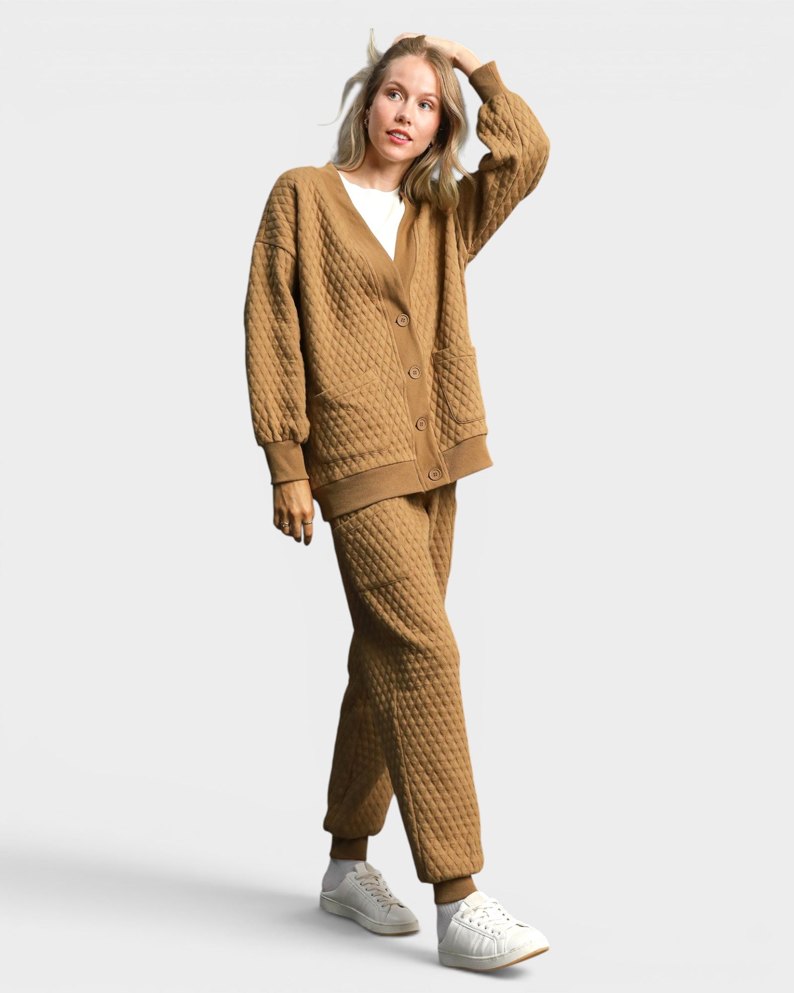 Camel Quilted Button Front Cardigan