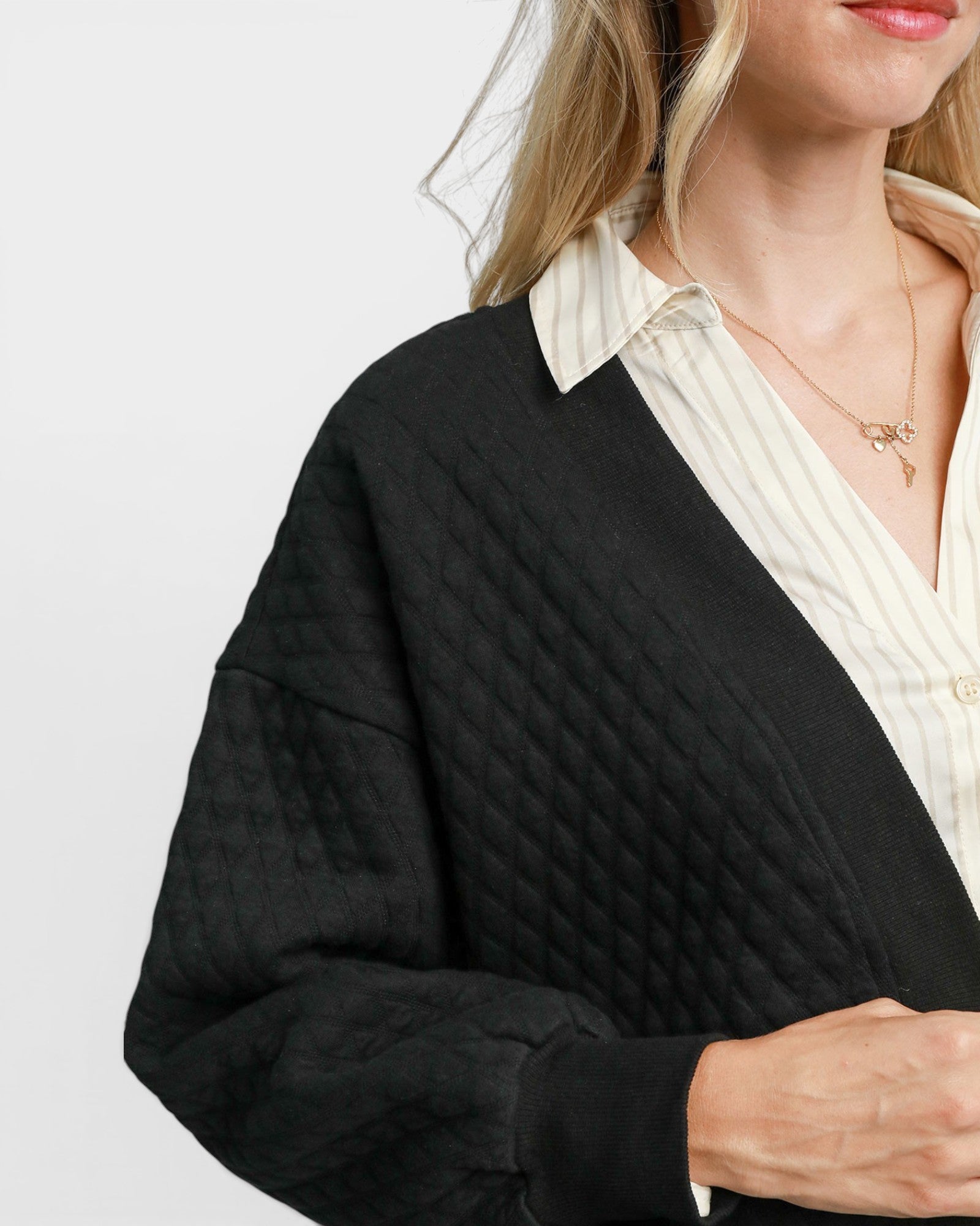 Black Quilted Button Front Cardigan
