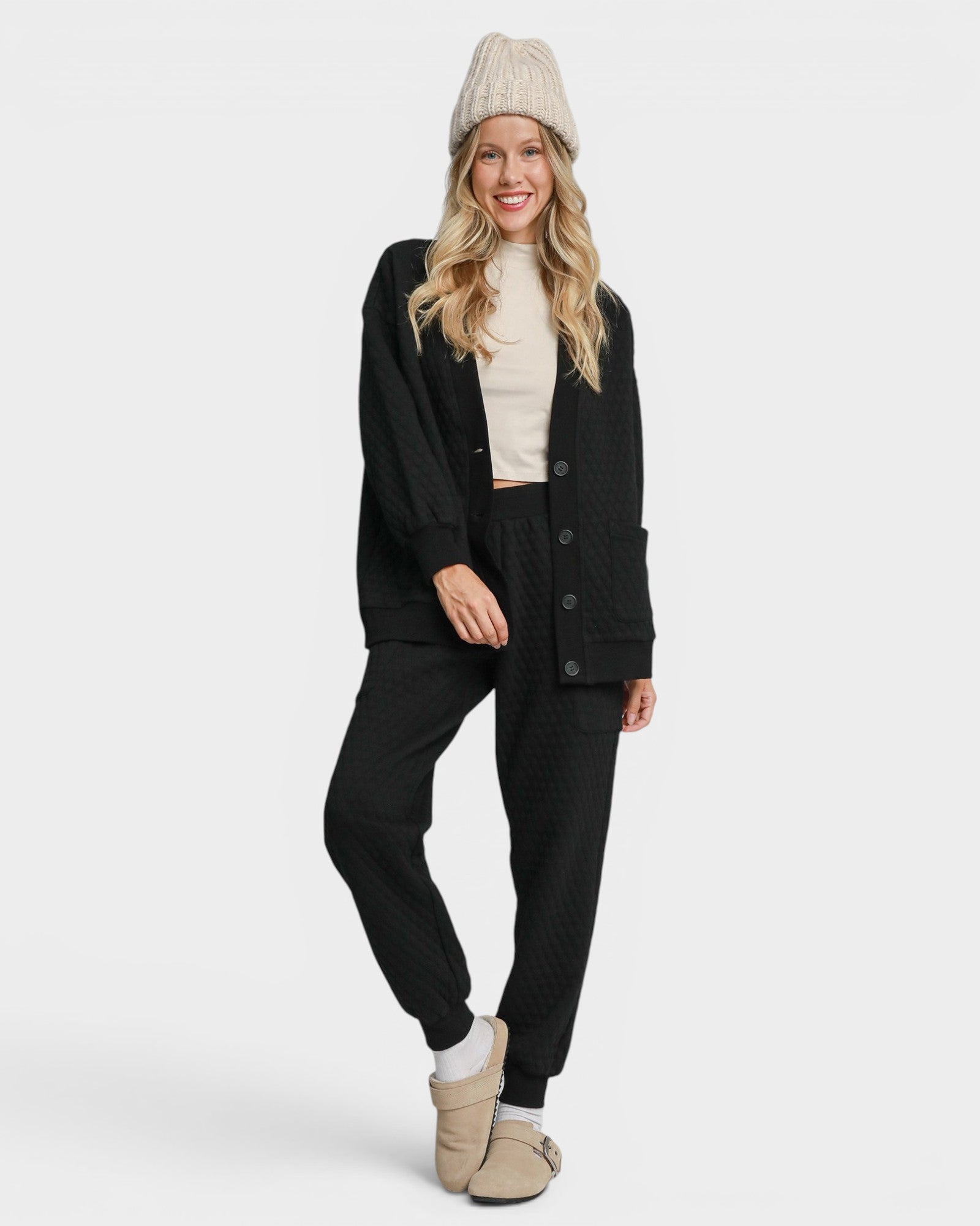 Black Quilted Button Front Cardigan