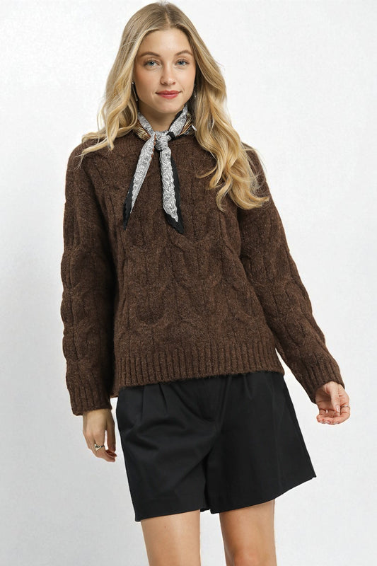 Woman wearing a brown sweater with a bow tie and black shorts on a white background