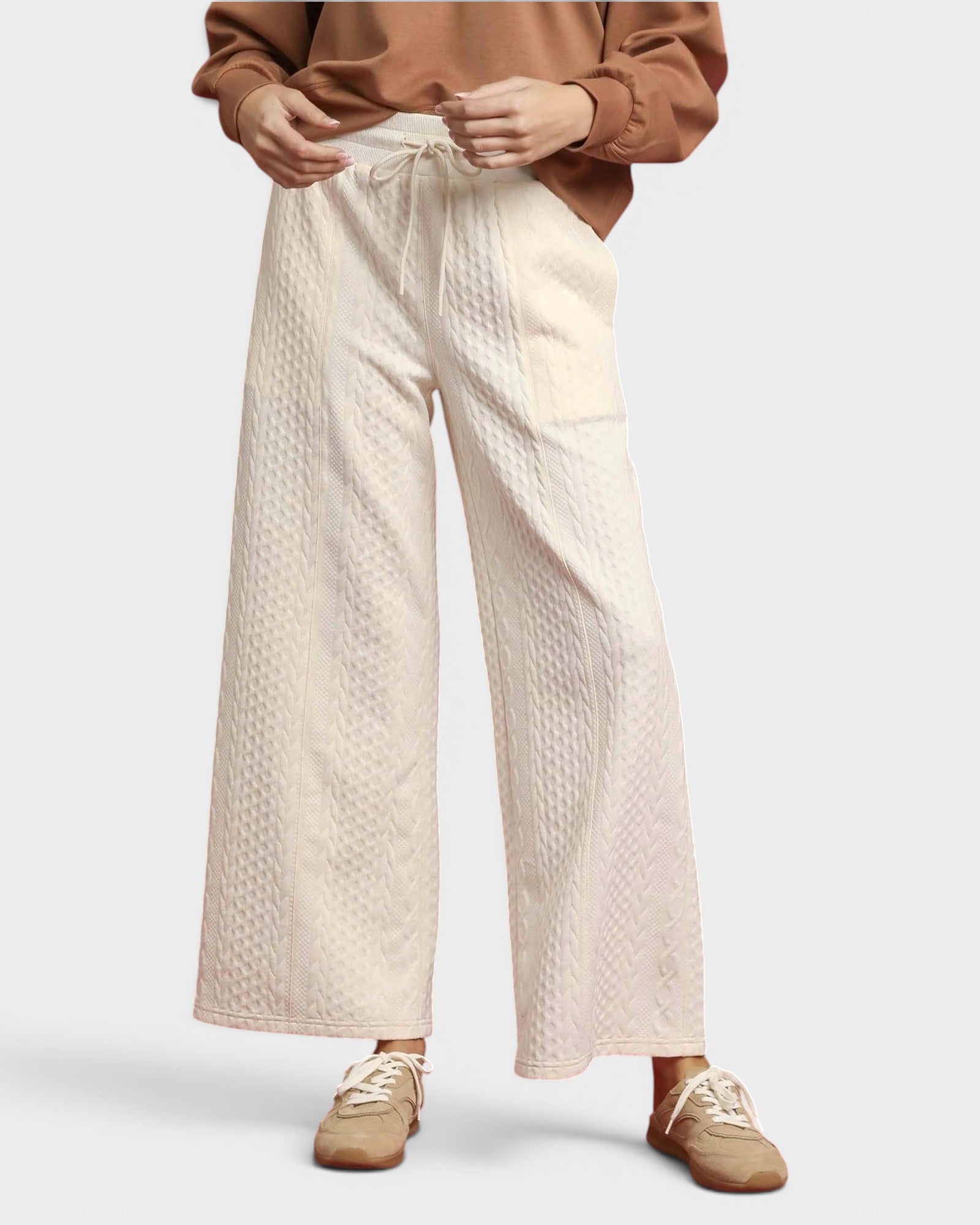 Cream Cable Knit Wide Leg Pants