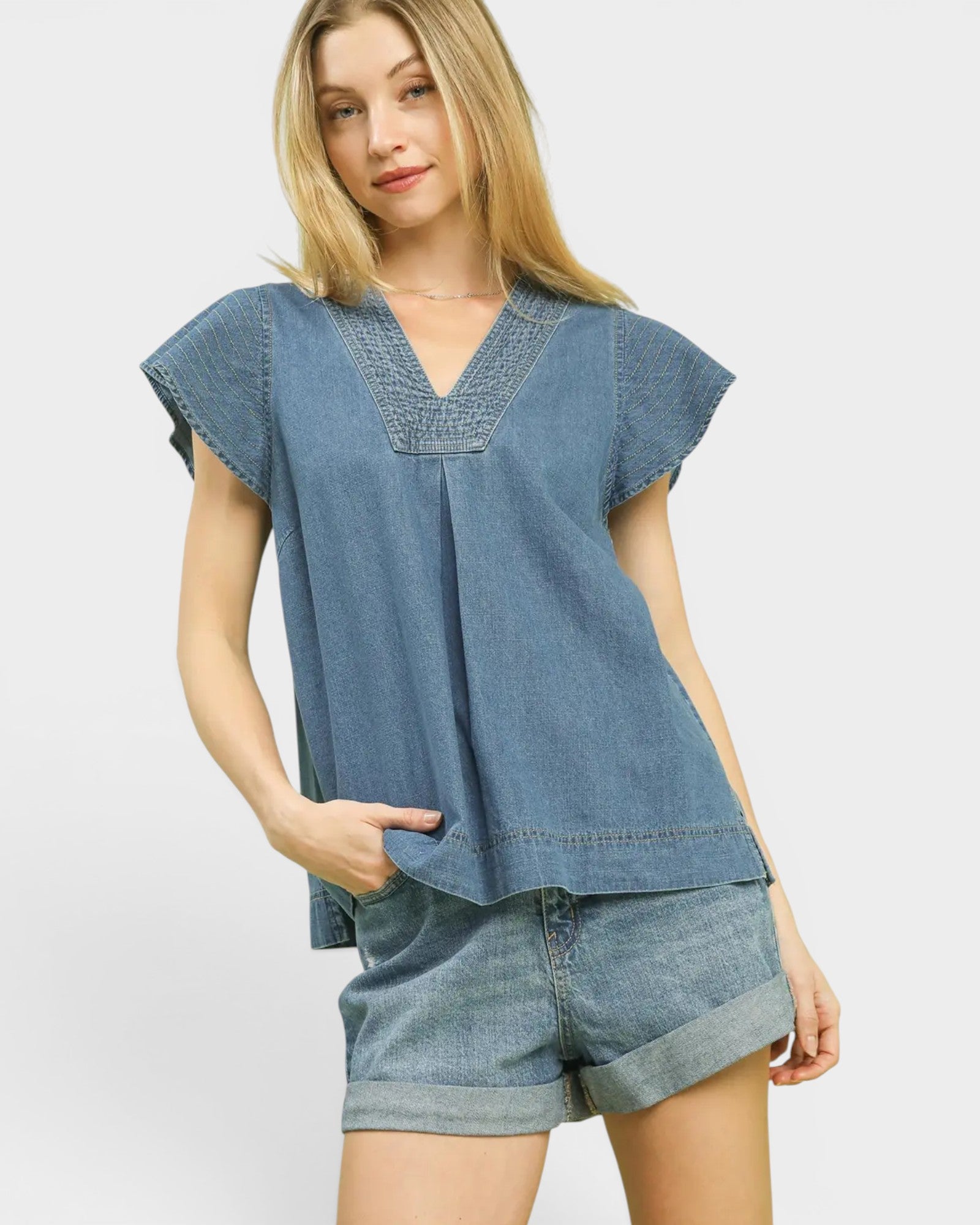 Medium Wash Denim Flutter Sleeve Blouse