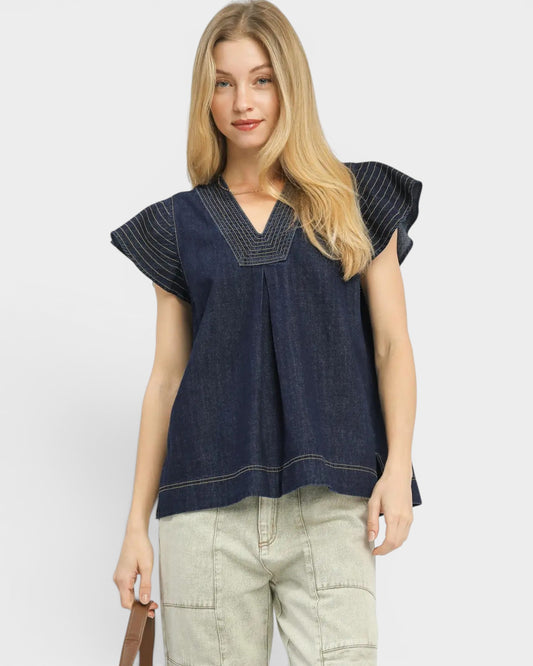 Dark Wash Denim Flutter Sleeve Blouse