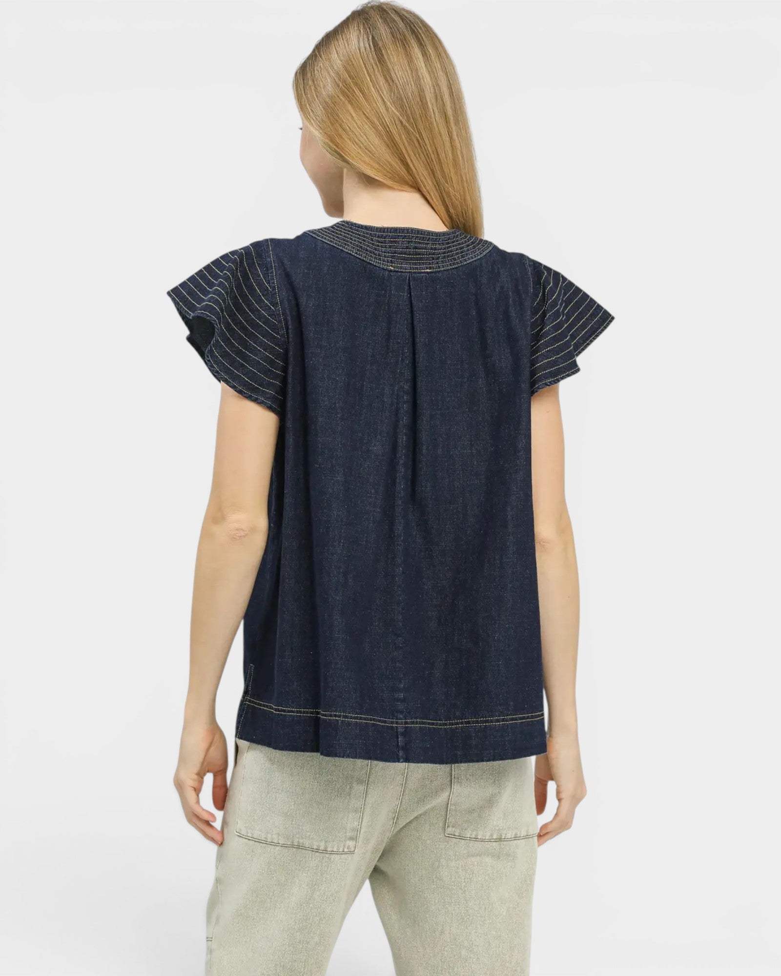 Dark Wash Denim Flutter Sleeve Blouse