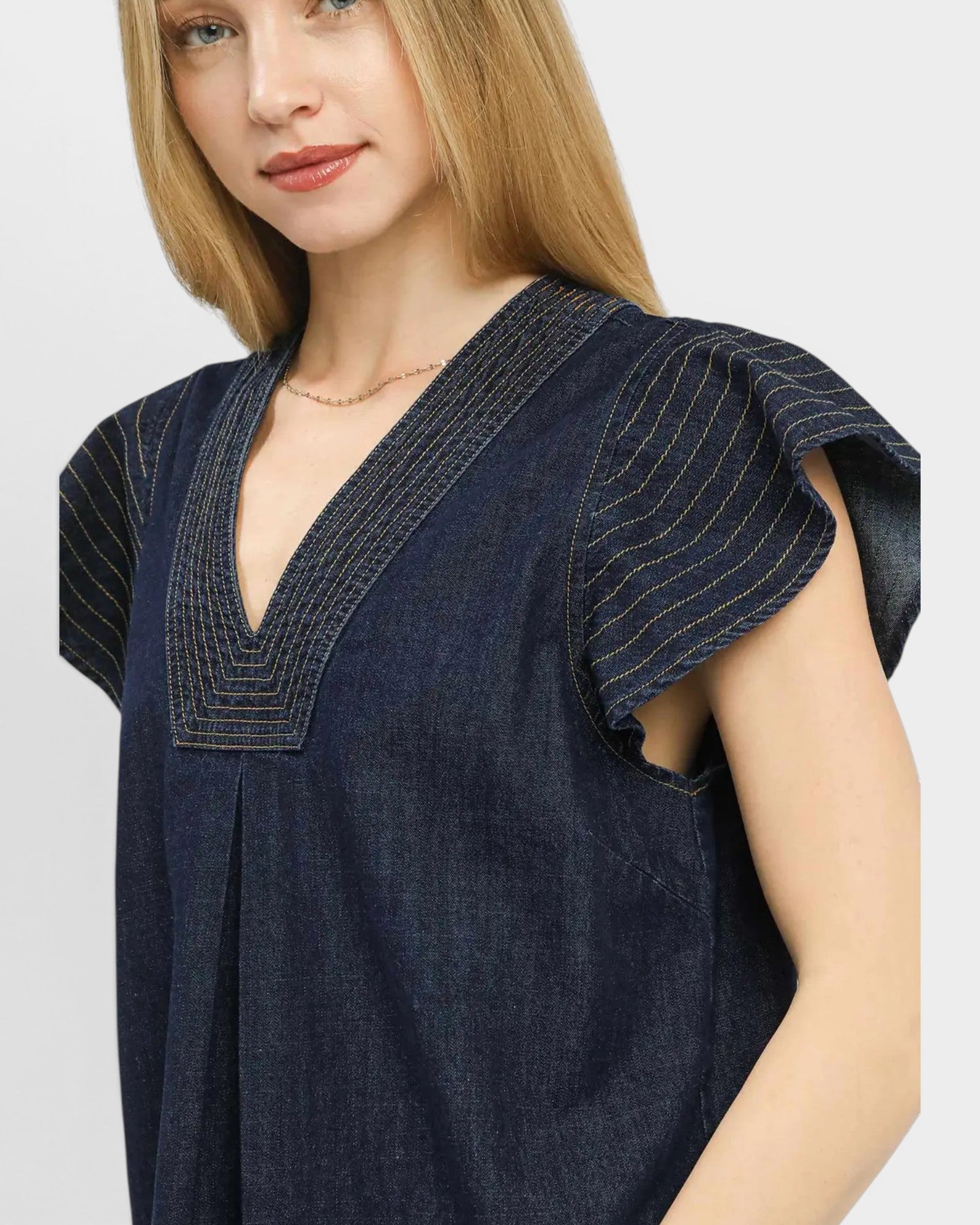 Dark Wash Denim Flutter Sleeve Blouse