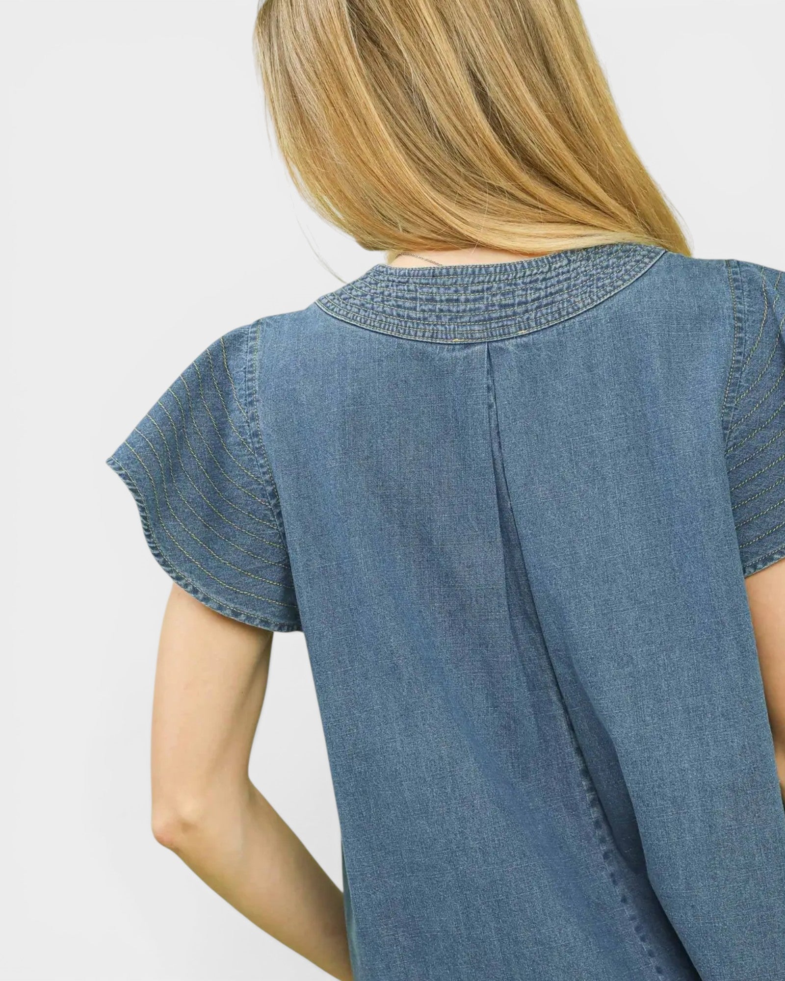 Medium Wash Denim Flutter Sleeve Blouse