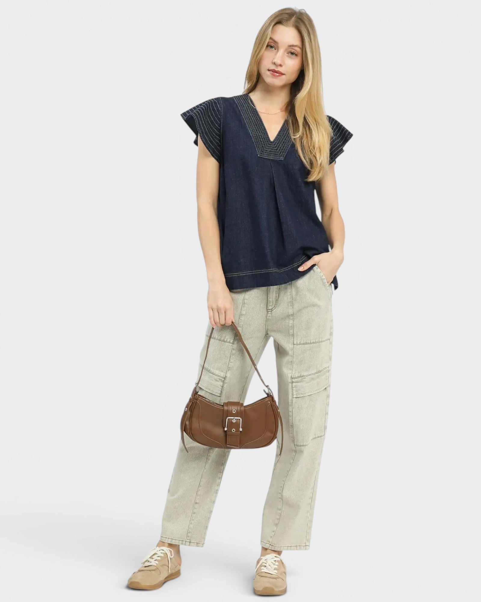 Dark Wash Denim Flutter Sleeve Blouse