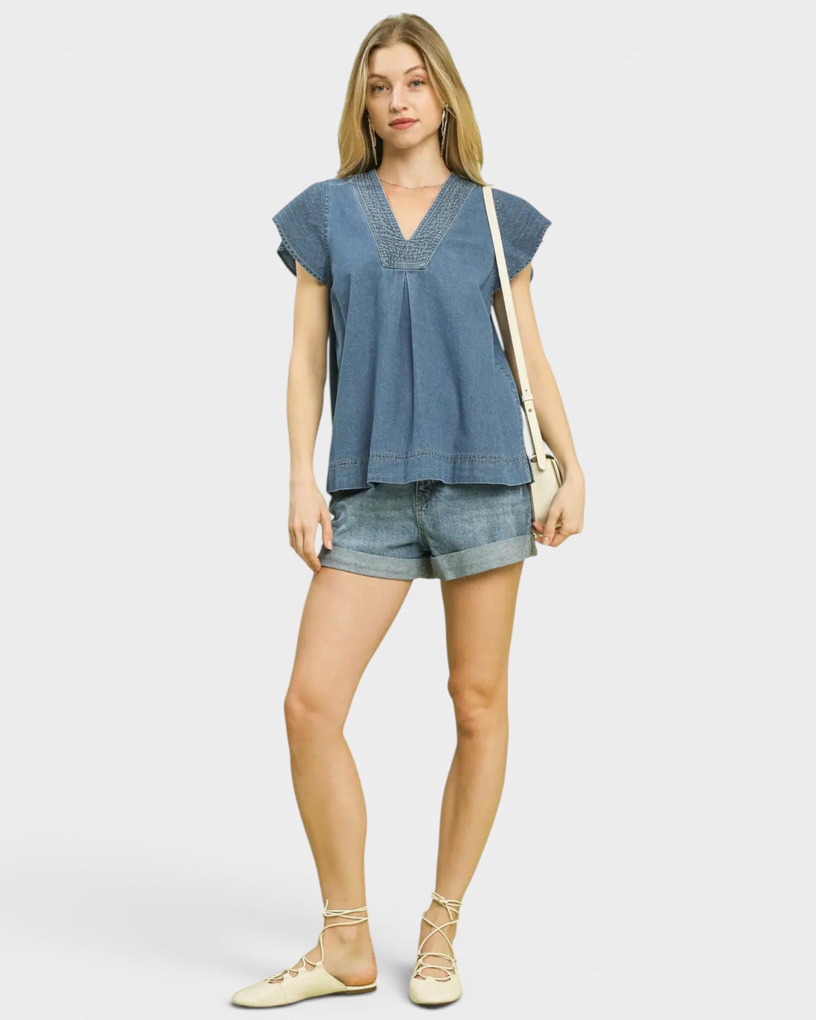 Medium Wash Denim Flutter Sleeve Blouse