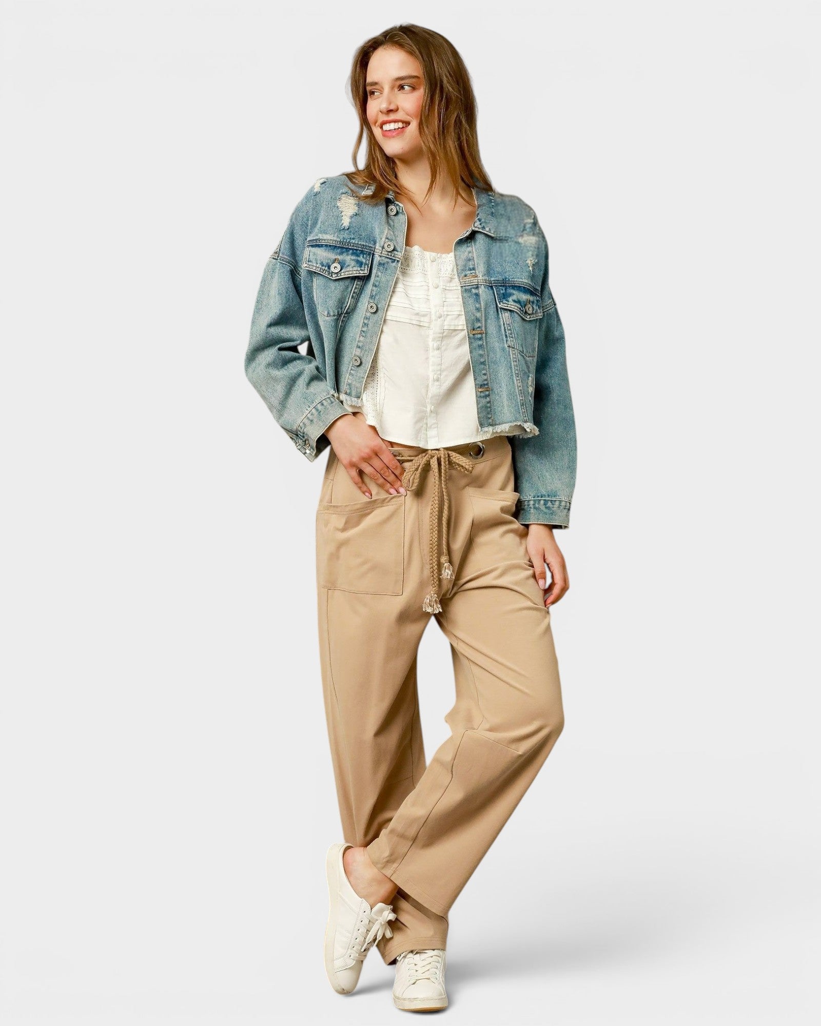 Khaki Rope Belt Wide Leg Pants