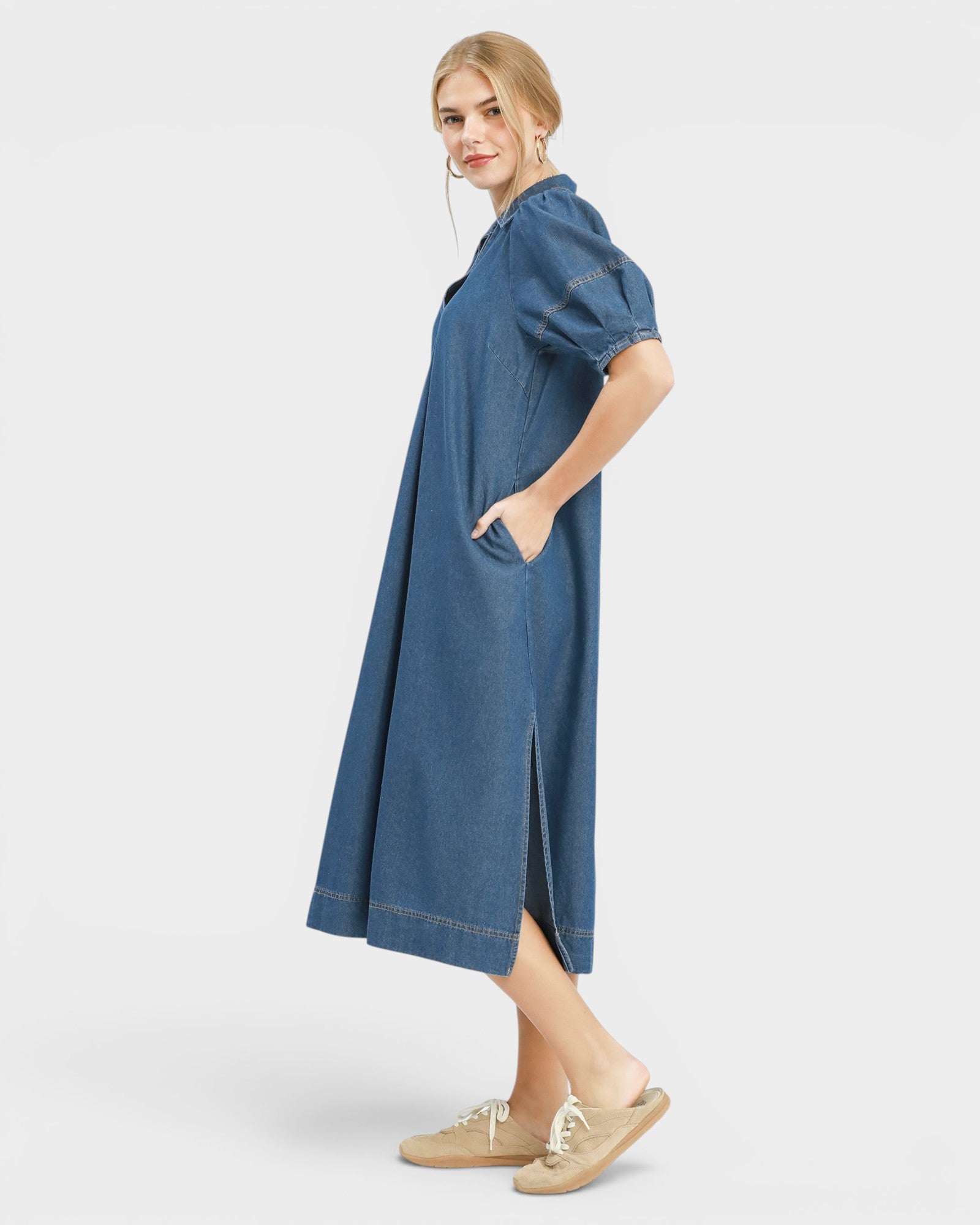 UMGEE Denim Puff Sleeve Midi Dress Denim / S