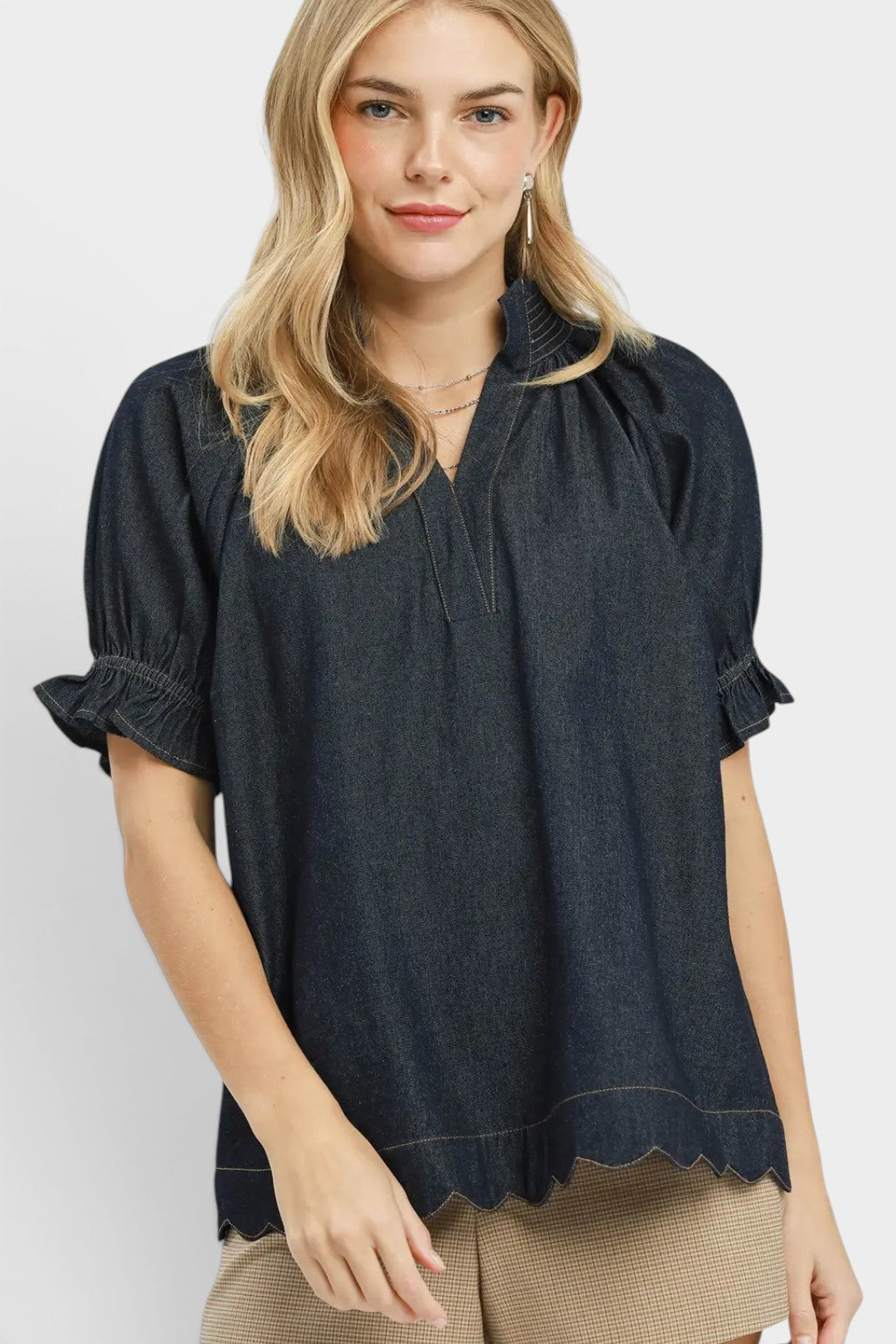 Dark Wash Scallop Hem Denim Top