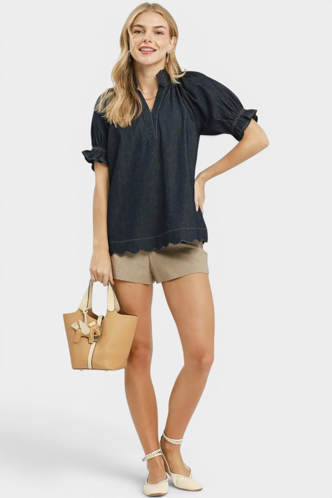 Dark Wash Scallop Hem Denim Top
