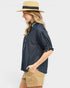 Woman wearing a denim shirt, beige shorts, and a straw hat with a black band on a white background