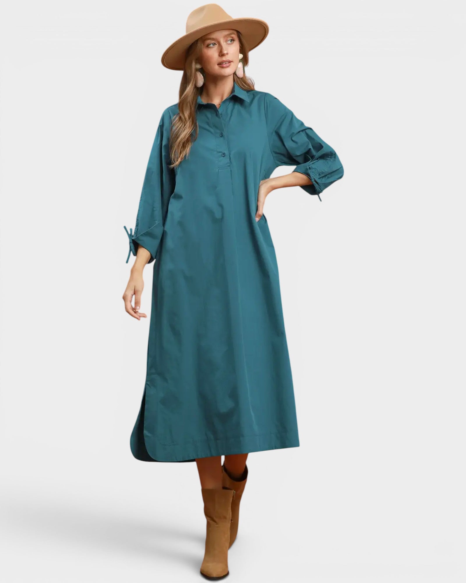 Teal Cotton Collared Midi Dress