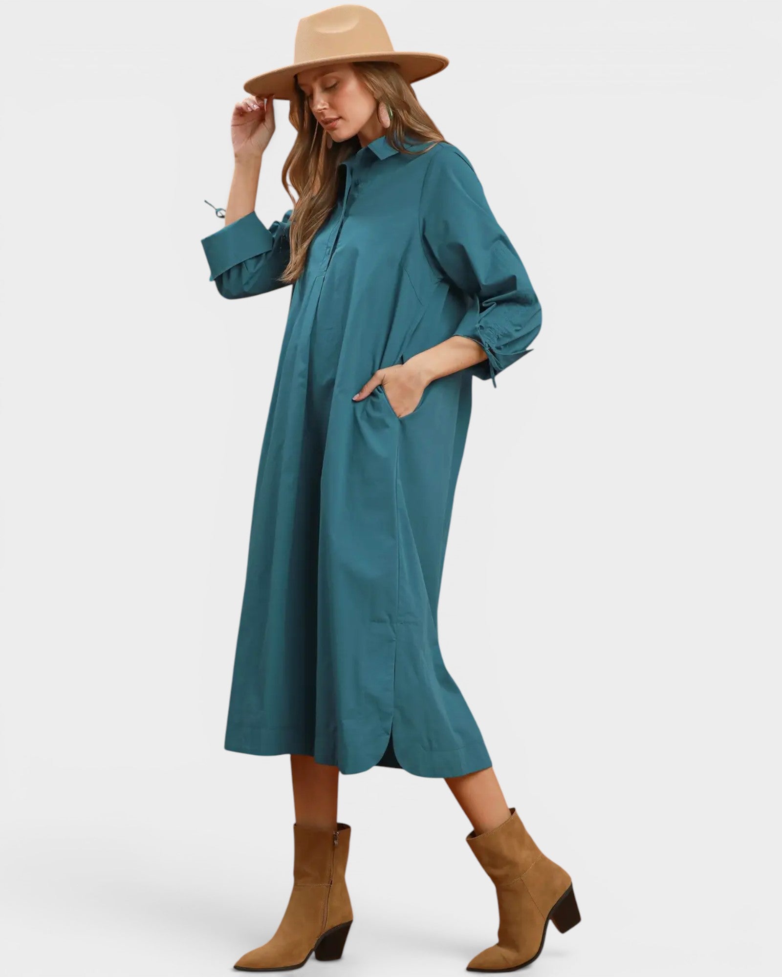 Teal Cotton Collared Midi Dress