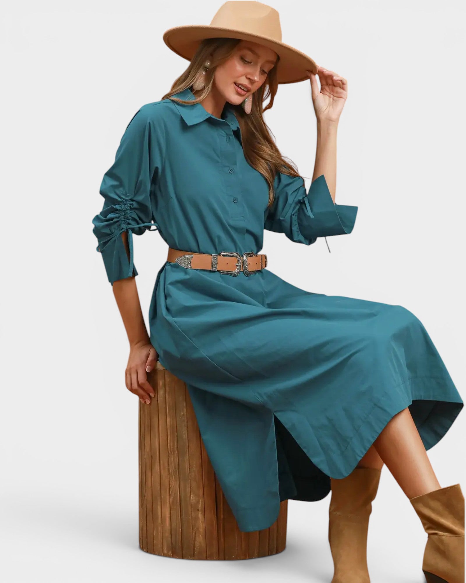 Teal Cotton Collared Midi Dress