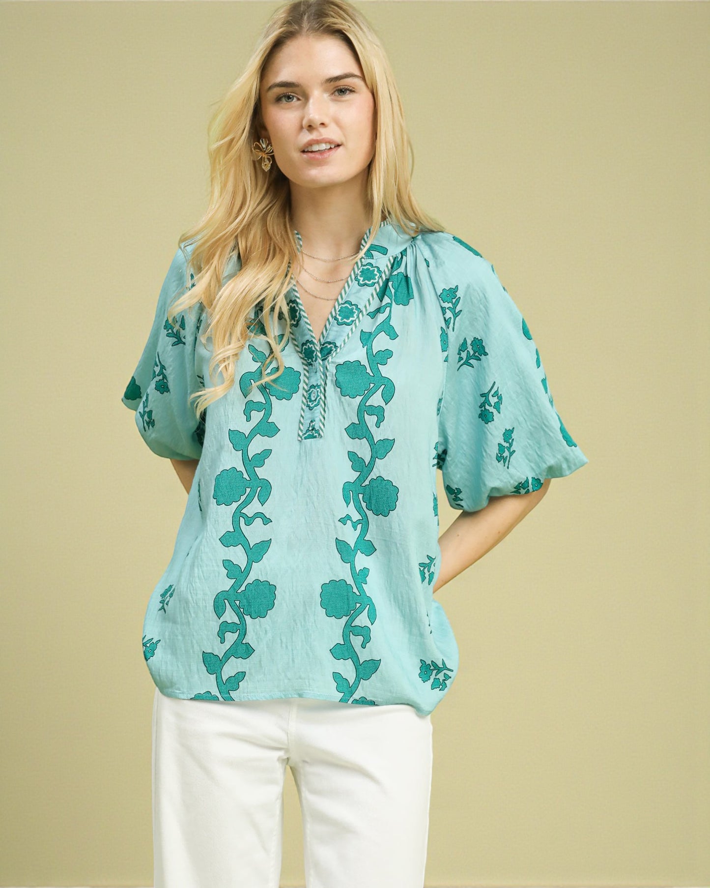 Mint Floral Puff Sleeve Blouse