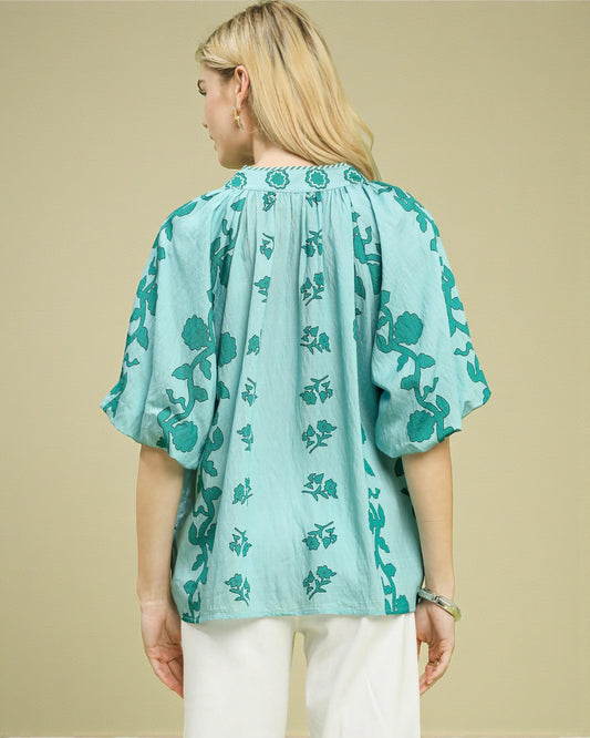 Mint Floral Puff Sleeve Blouse