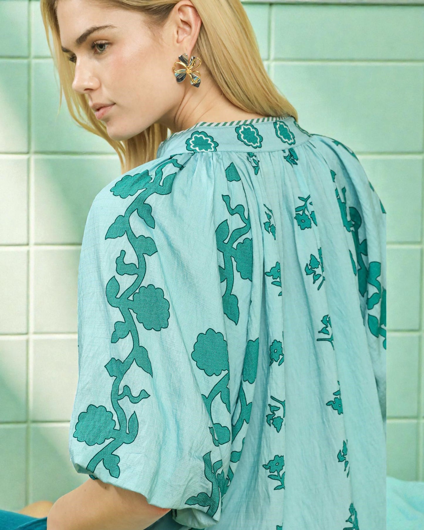 Mint Floral Puff Sleeve Blouse