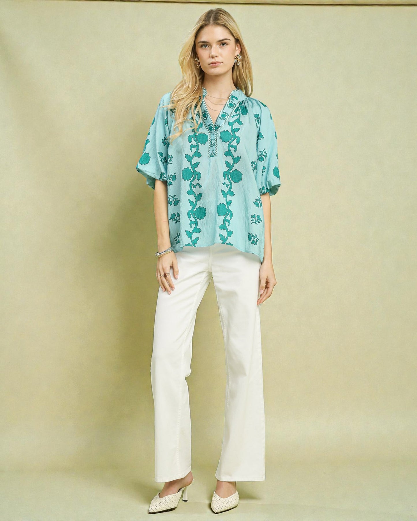 Mint Floral Puff Sleeve Blouse