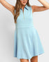 Light blue dress with a zipper detail on a white background