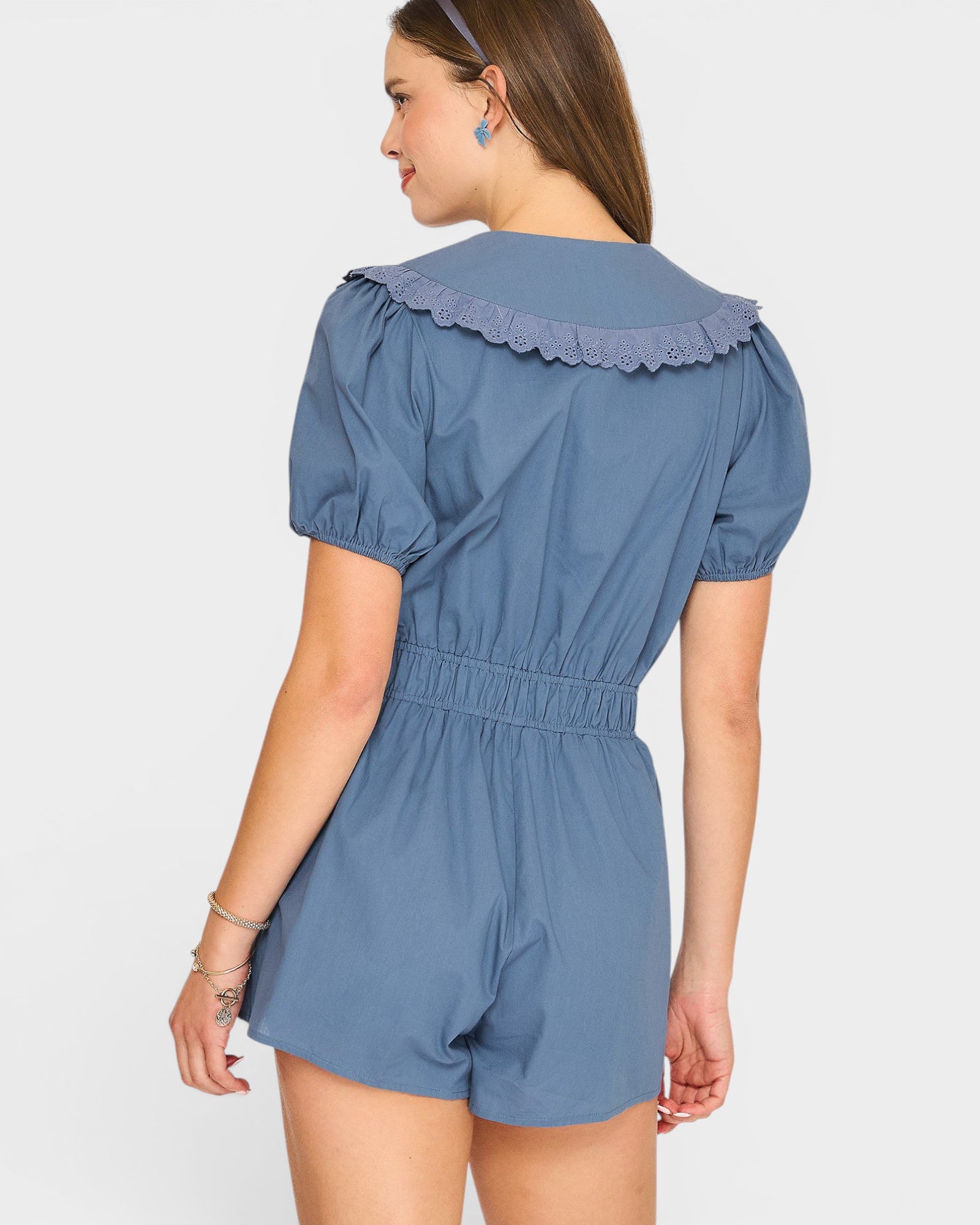 Dusty Blue Eyelet Collar Romper