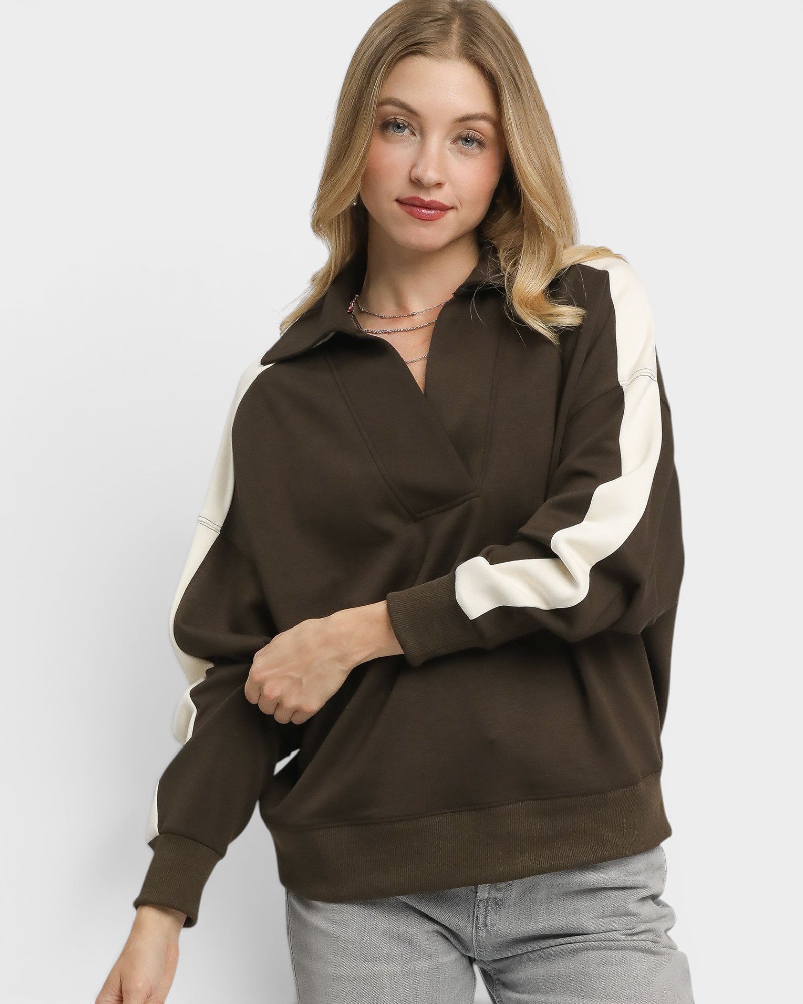 Espresso Colorblock Collared Sweatshirt
