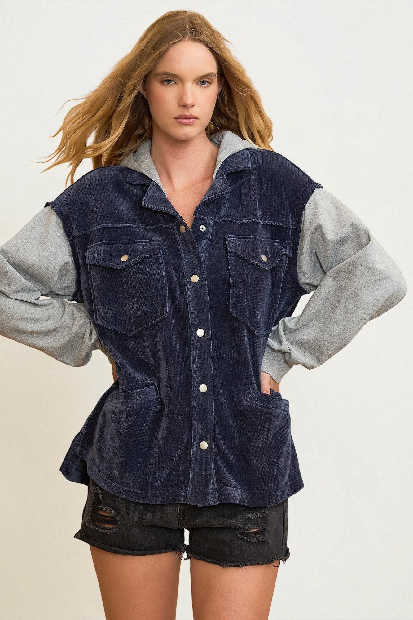 Midnight Chenille & Gray Knit Hooded Shacket