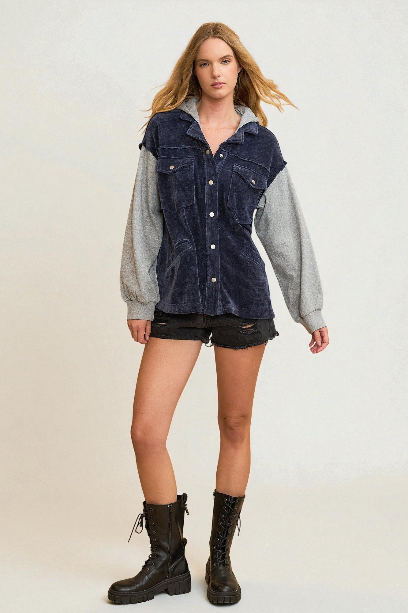 Midnight Chenille & Gray Knit Hooded Shacket