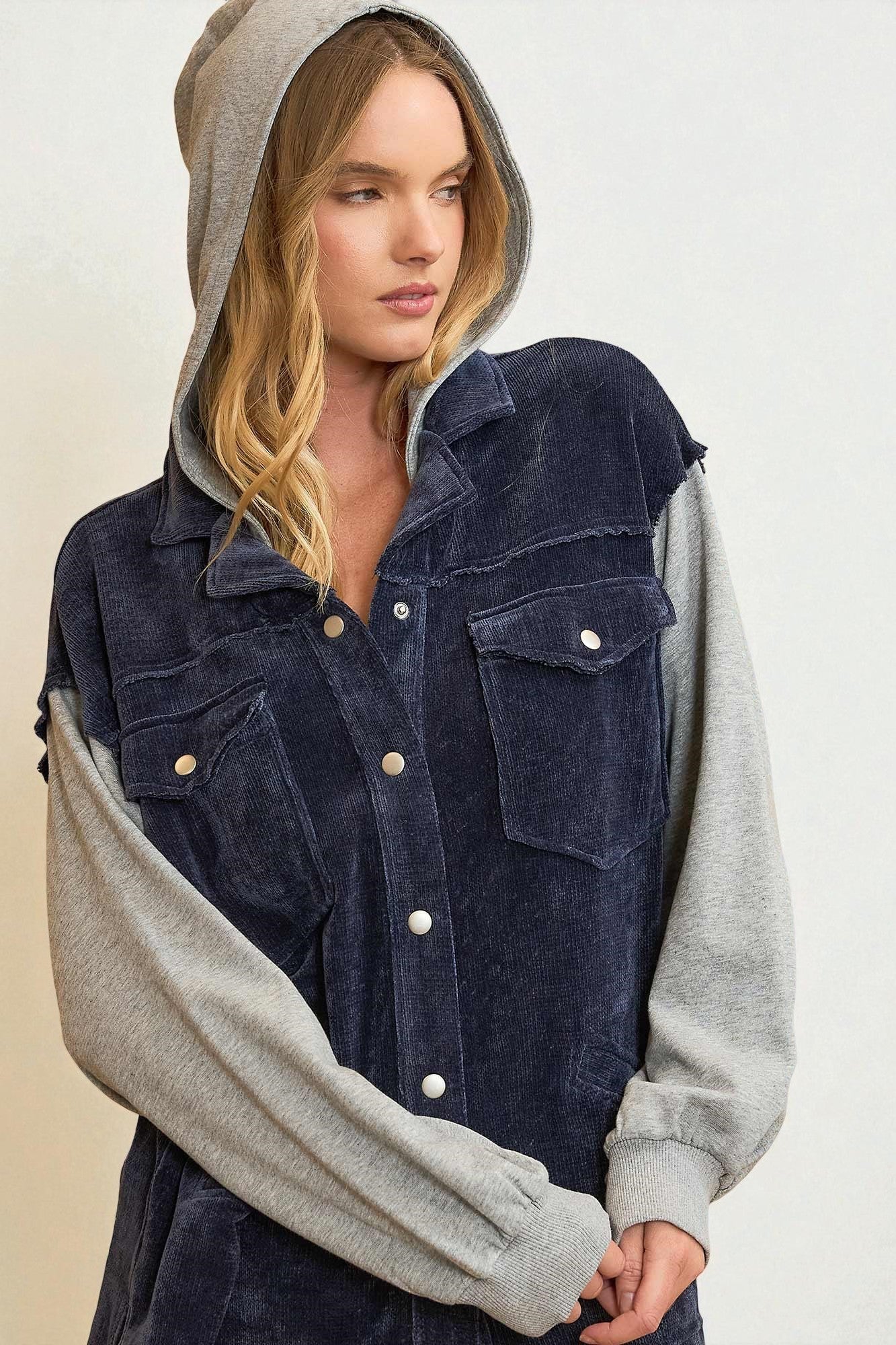 Midnight Chenille & Gray Knit Hooded Shacket