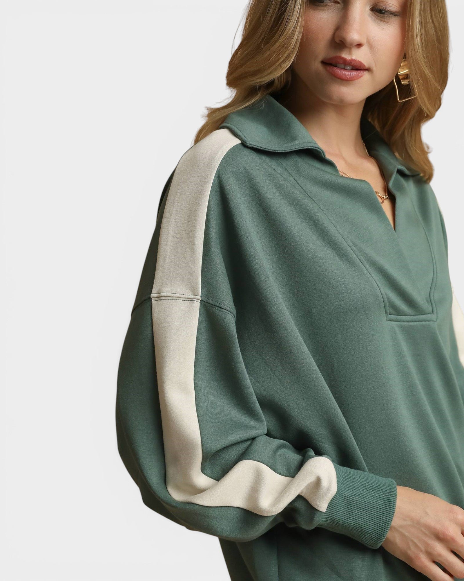 Forest Green Colorblock Collared Sweatshirt