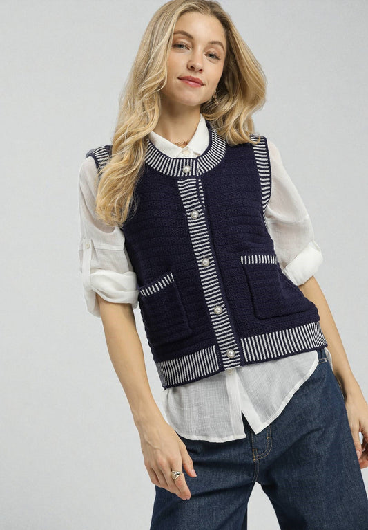 Navy & Cream Striped Knit Vest