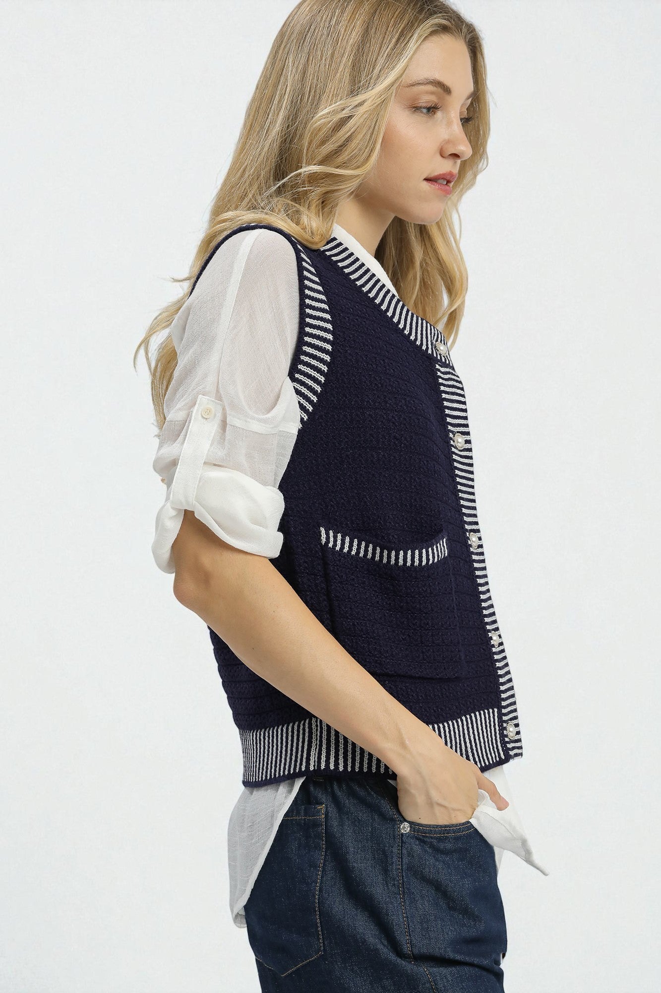 Navy & Cream Striped Knit Vest