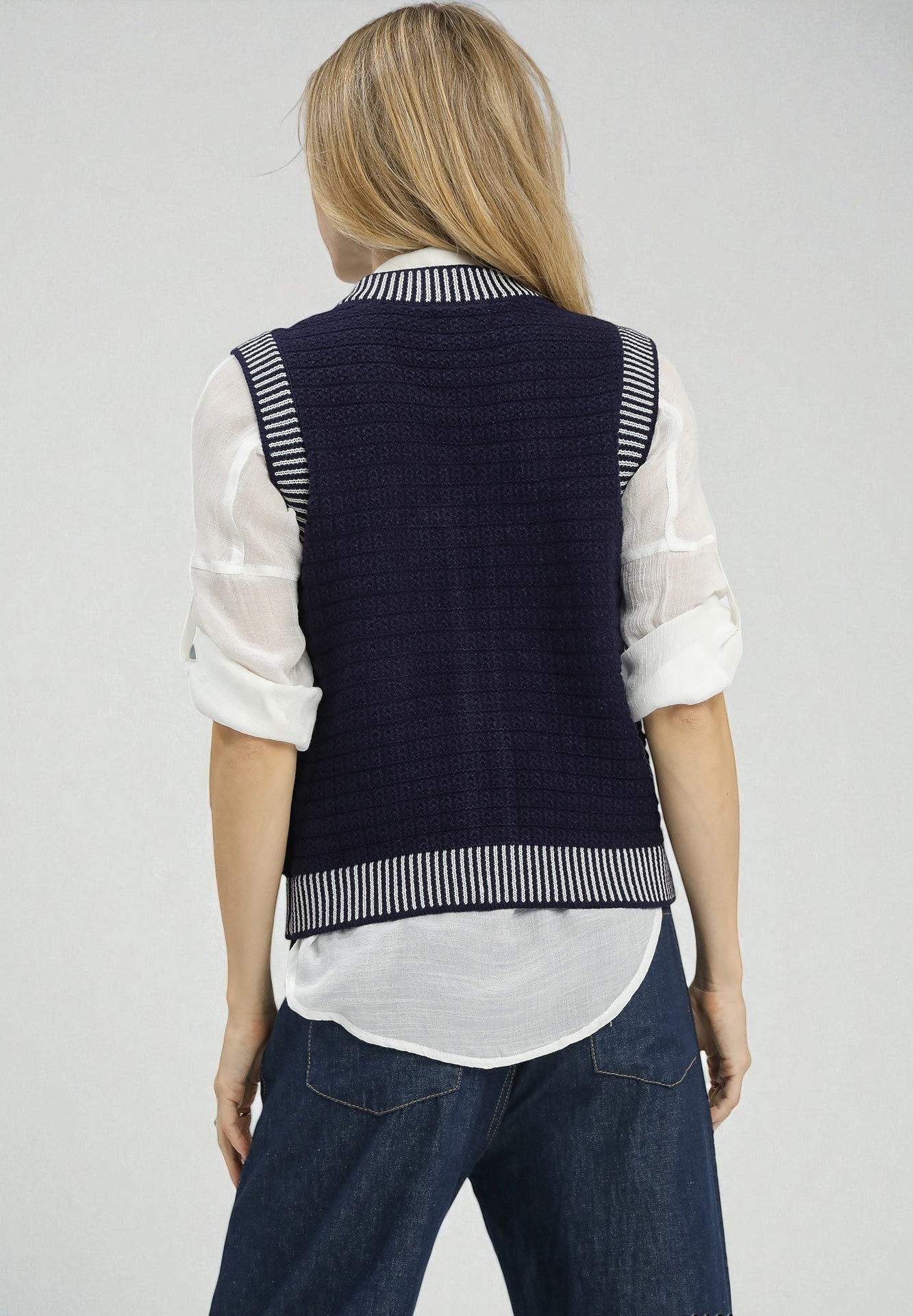 Navy & Cream Striped Knit Vest