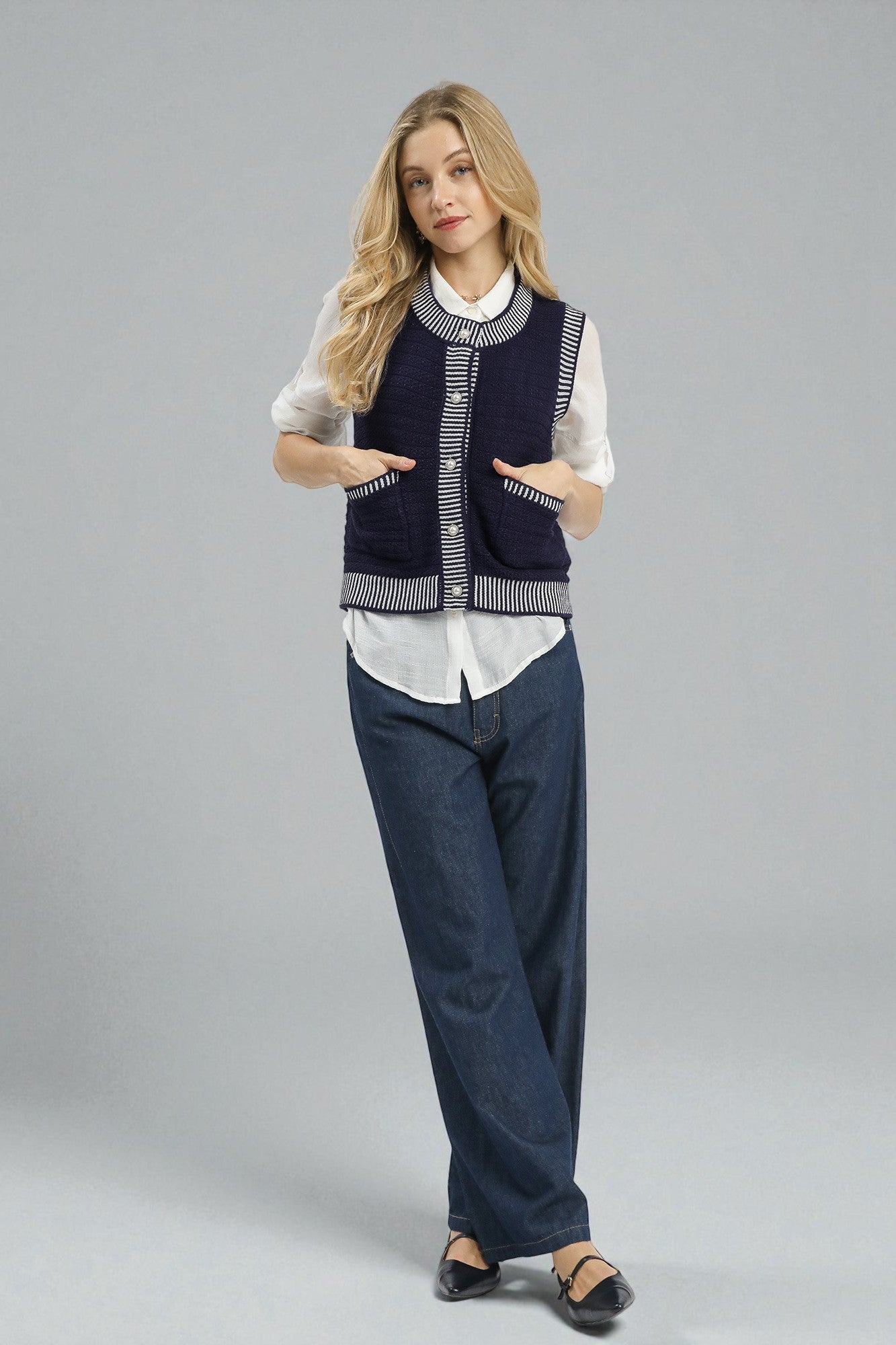 Navy & Cream Striped Knit Vest